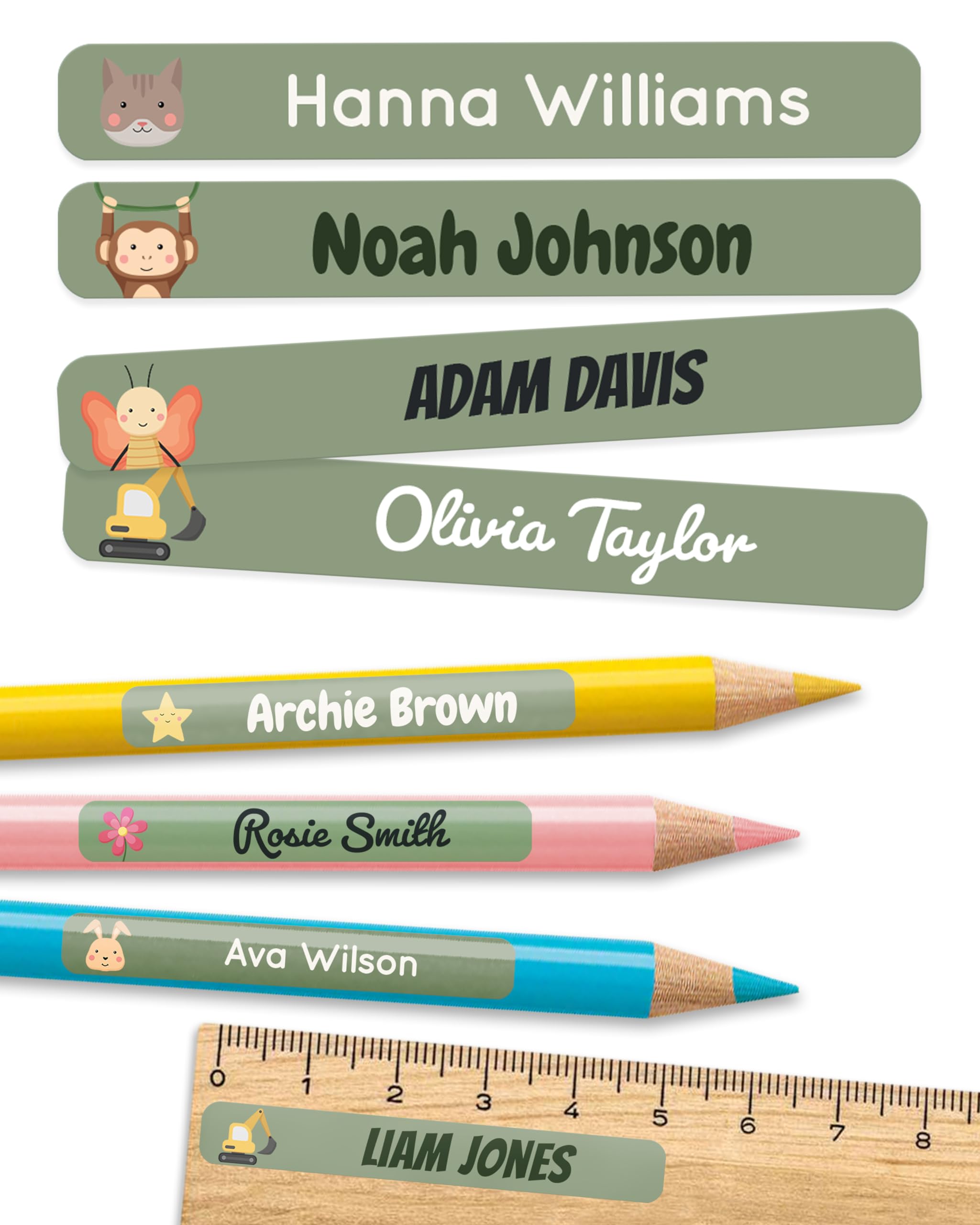 melu kids® Personalised Name Stickers for School & Kindergarten (225 Pieces) - Stick on Name Labels for Pencils and Other School Supplies - Washable in Dishwasher (Green)
