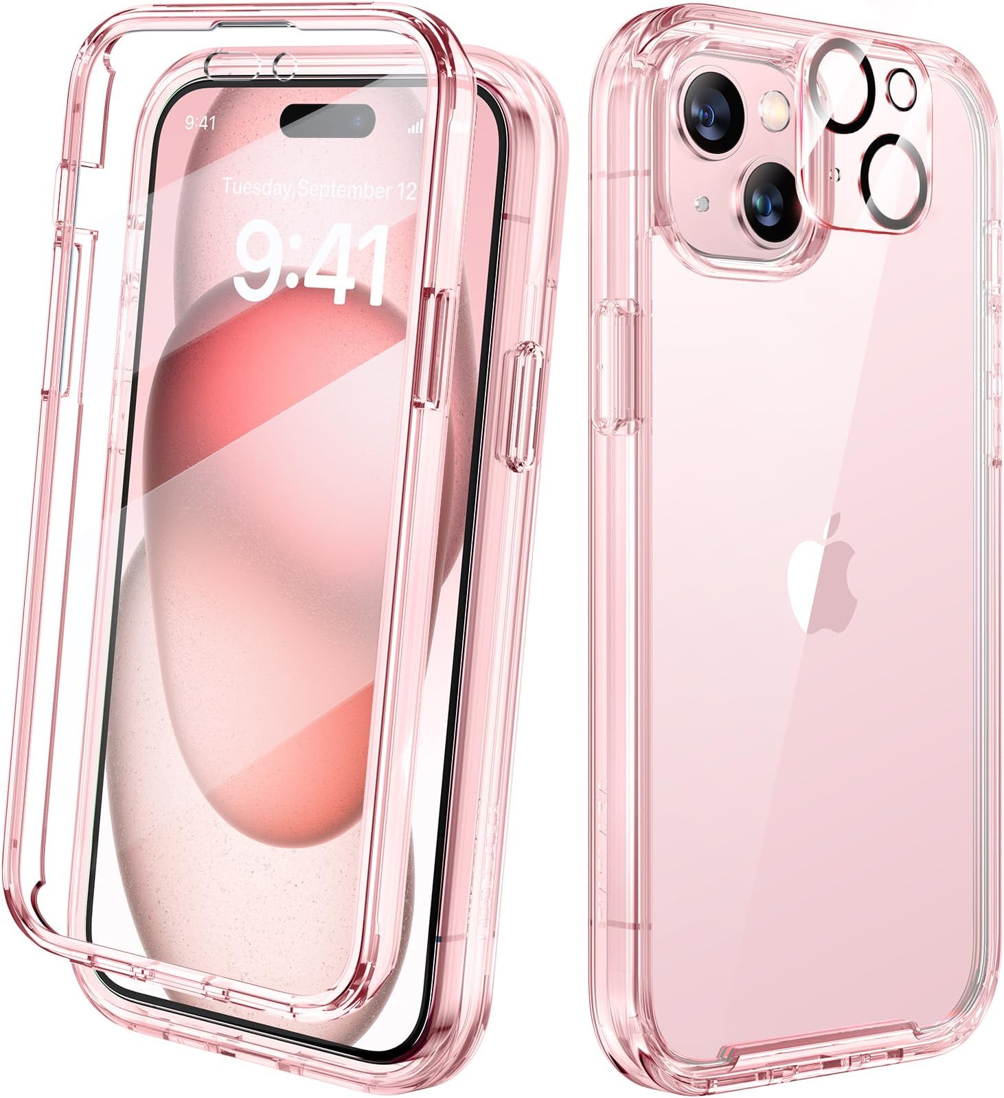 Diaclara Designed for iPhone 15 Plus Case 6.7 Inch, Full Body Rugged Case with Built-in Touch Sensitive Anti-Scratch Screen Protector + Glass Camera Lens Protector for iPhone 15 Plus,Clear Pink