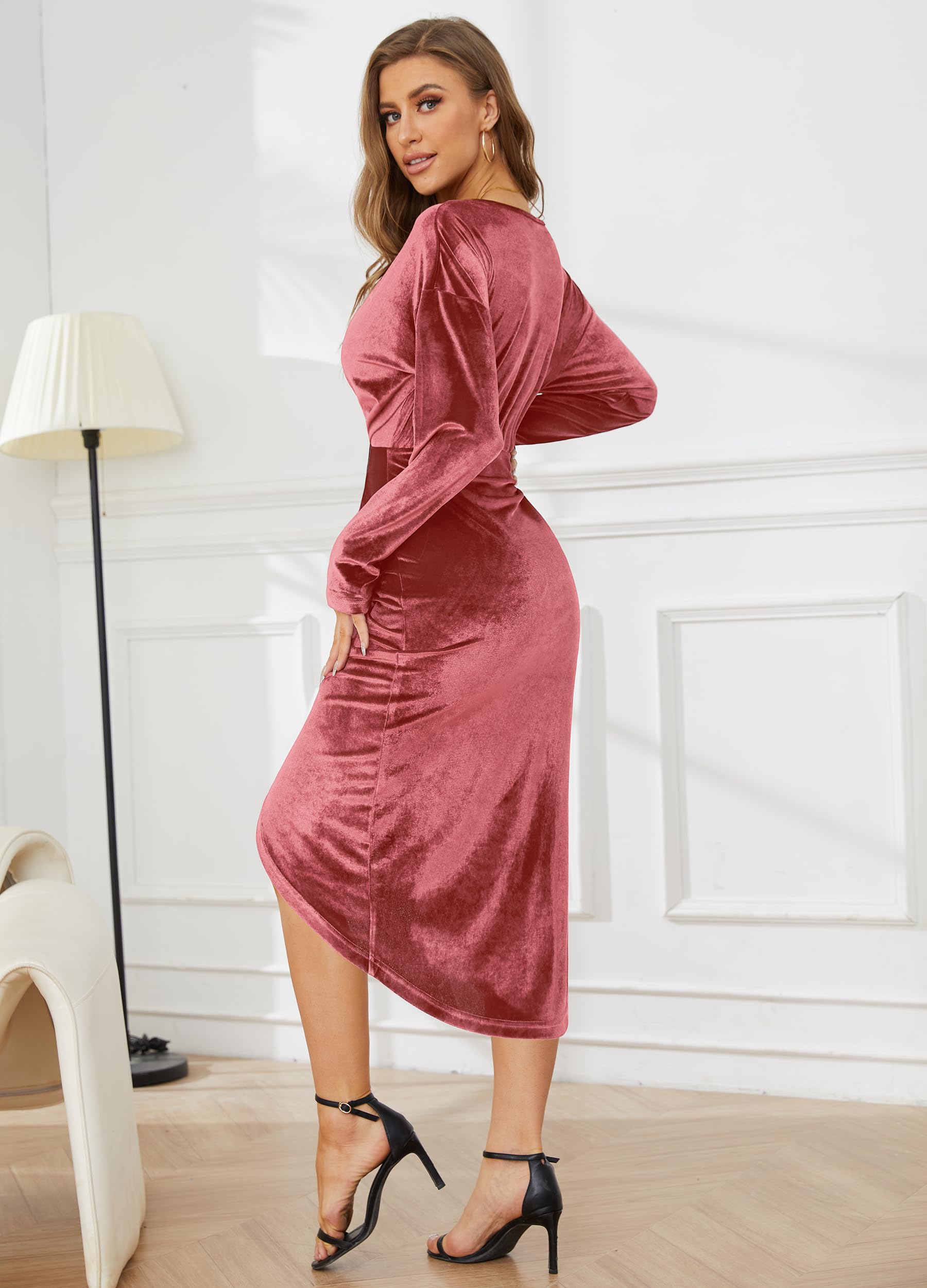 Vestido de manga larga con cuello en V para mujer, sexy, de terciopelo, para cóctel, fiesta, noche, club, vestido midi