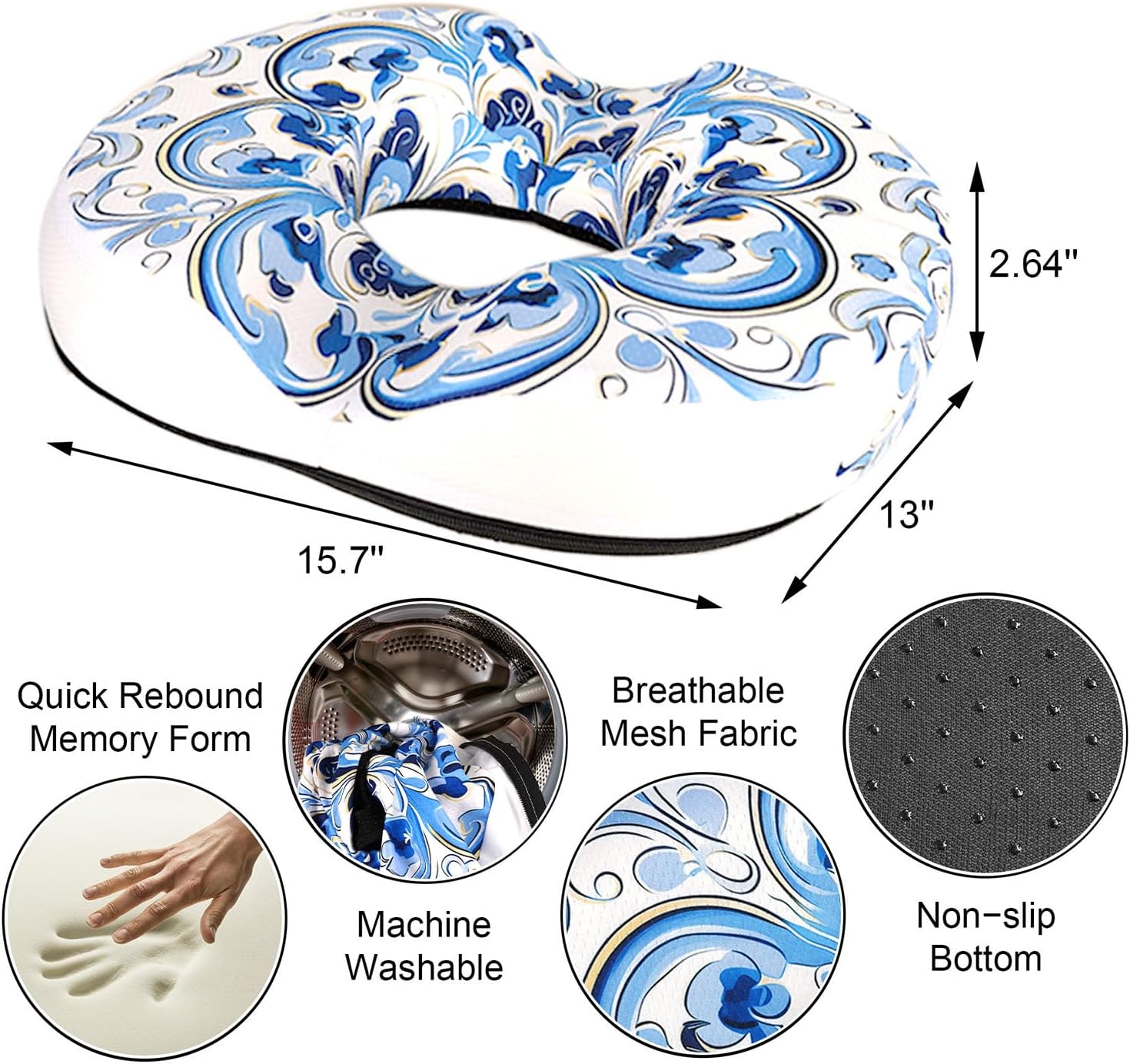 Chinoiserie Flowers Donut Pillow for Hemorrhoids Seat Cushion for Tailbone Pain Relief - Chinoiserie Decor Home Office Chair Cushion for Long Sitting Work - Memory Foam Car Cushions for Driving Butt