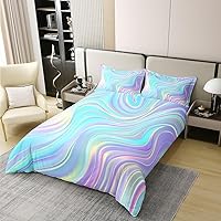 Vista 3 de Juego de ropa de cama de 100 % algodón pastel arcoíris con rayas abstractas onduladas, funda de edredón brillante, turquesa, azul, rosa, morado