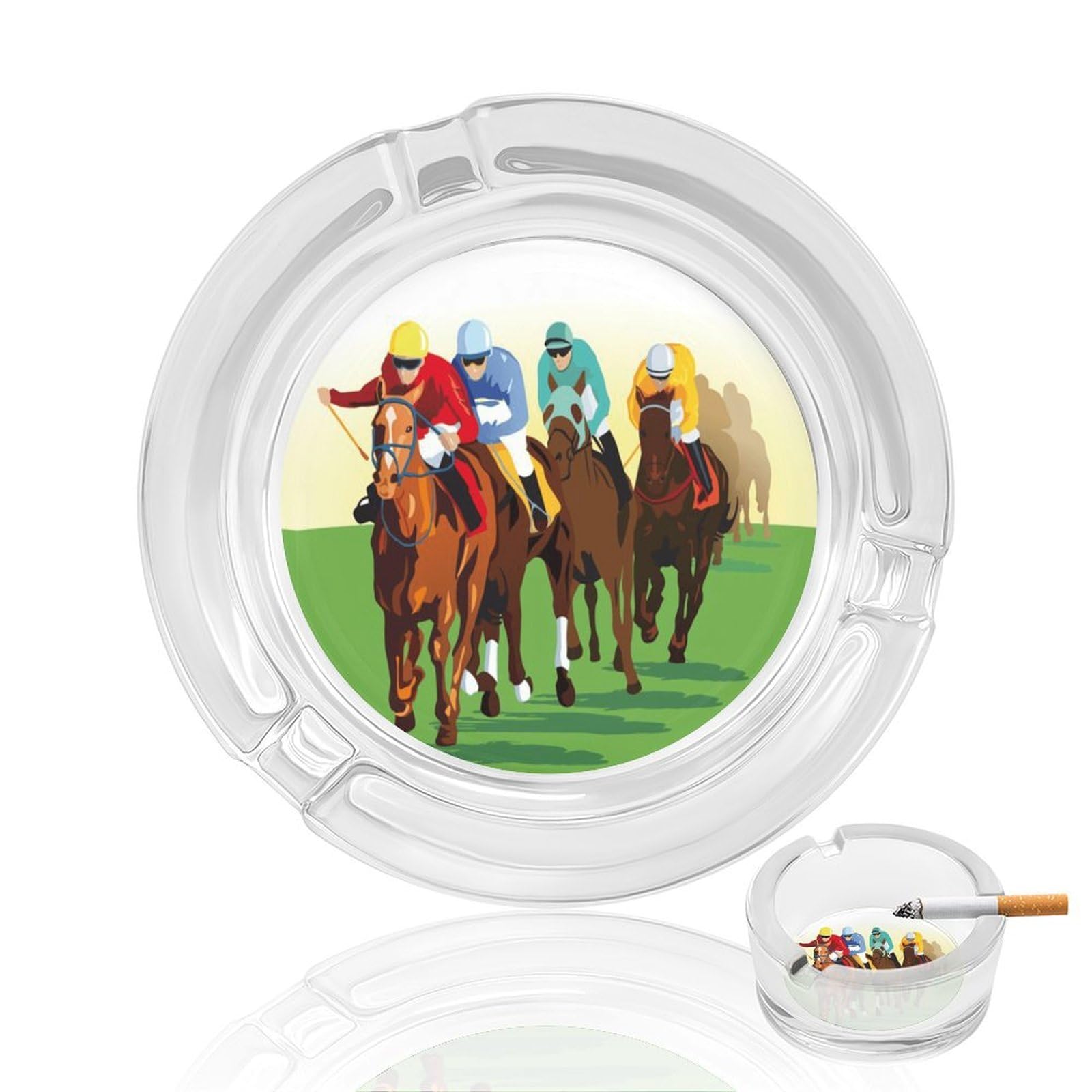 Horse Racing Cartoons Ashtray Portable Round Glass Outdoor Ash Tray for Home Office Garden Pub