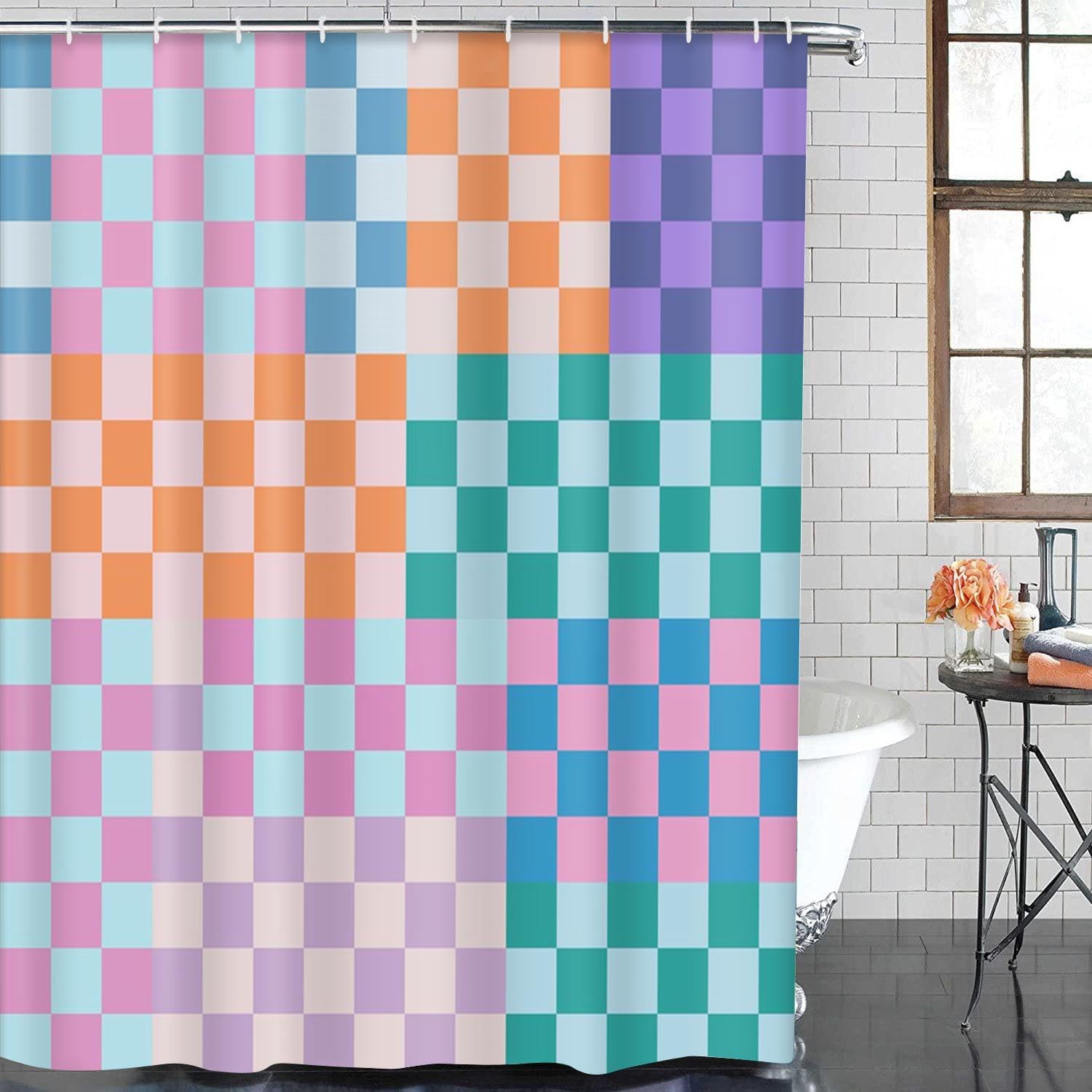 ArtSocket Retro Checkered Bathroom Set with Shower Curtain and Bath Rugs and Accessories,Colorful Funky Checkerboard Non-Slip Shower Curtain Set,Bathroom Decor 3 Pcs