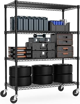 M MZG Height Adjustable Shelves,Heavy Duty Wire Pantry Shelving for Tool Sheds, Garage, and Storehouse,Metal, Black 4 tier,60cm D x 135cm W x 186.9cm H
