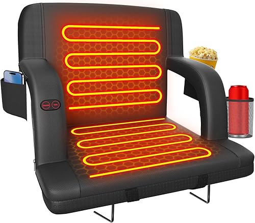 Suteck Dual-Sided Heated Stadium Seats for Bleachers with Back Support, 23" Portable Heated Bleacher Seat with Backrest, 3 Heat Levels, 5 Pockets – Ideal for Outdoor Stadiums and Events - Black