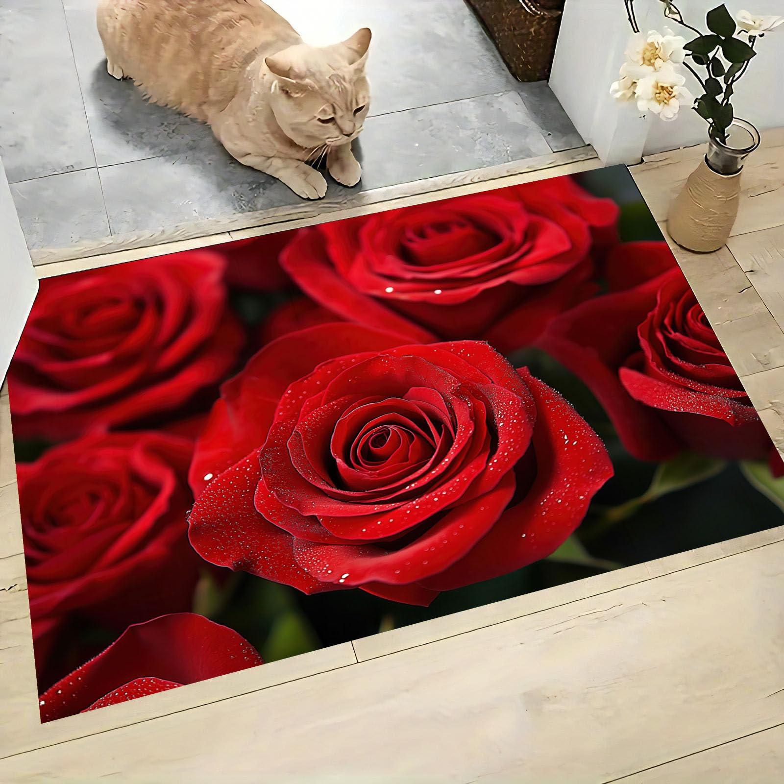 Tapis souple lavable roses rouges 80x120 | Paillasson d'entrée mince absorbant rouge foncé