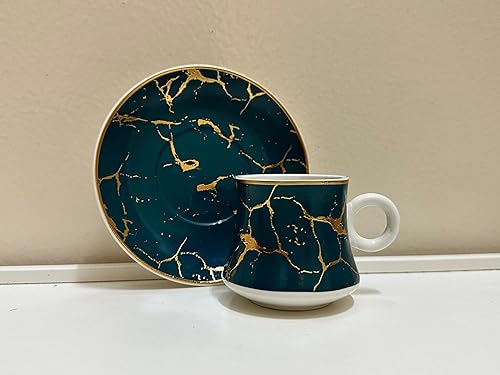 Chandler Juego de tazas de café hechas de porcelana verde y acento acrílico dorado con gema transparente para café arábica turco expreso, 6 tazas