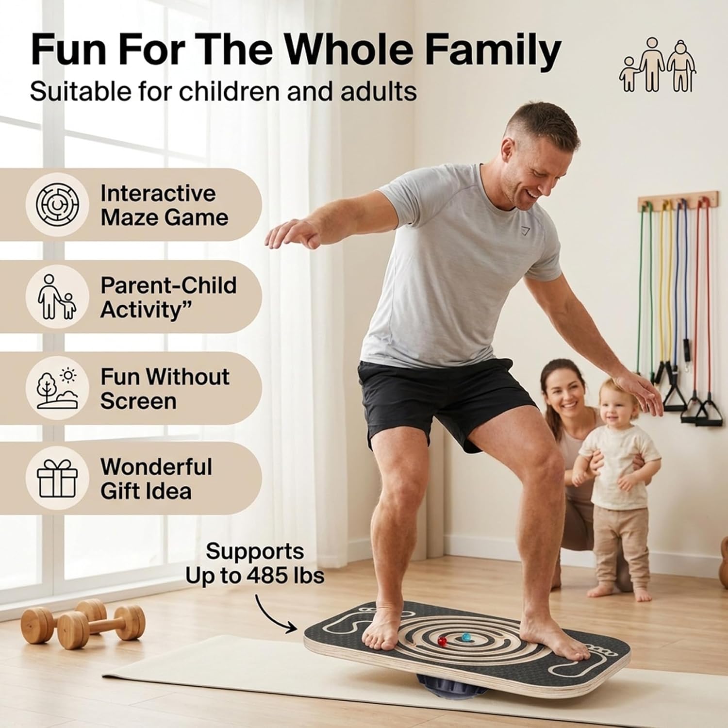 Wooden Balance Board Maze, 2-In-1 Wobble Board for Kids, Toddlers, Teens and Adults, Fun Core Strength Trainer for Exercise Training, Bodyweight Fitness, Surfing, Skiing, Snowboarding, Skateboarding