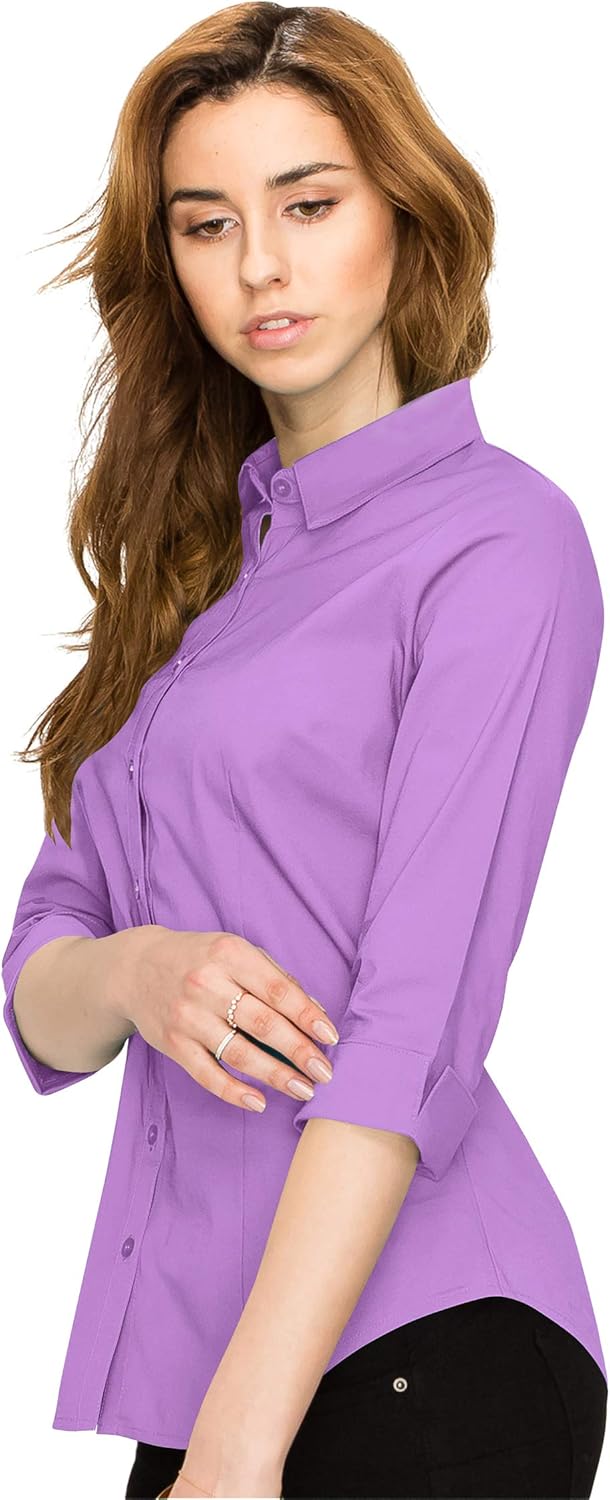 Made By Johnny MBJ Women's Solide 3/4 Sleeve Stretchy Button Down Collared Office Formal Casua Blouse (S~3XL) - Image 4