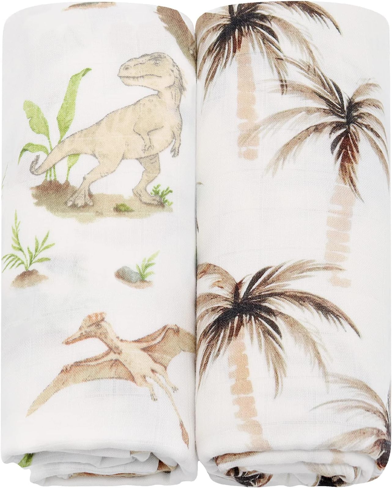 LifeTree Muslin Swaddle Blankets Neutral, Baby Swaddling Wrap Nursery Receiving Blanket for Boys & Girls Unisex, Soft Bamboo Cotton, Large 47 x 47 inches, Dinosaur & Palm Tree