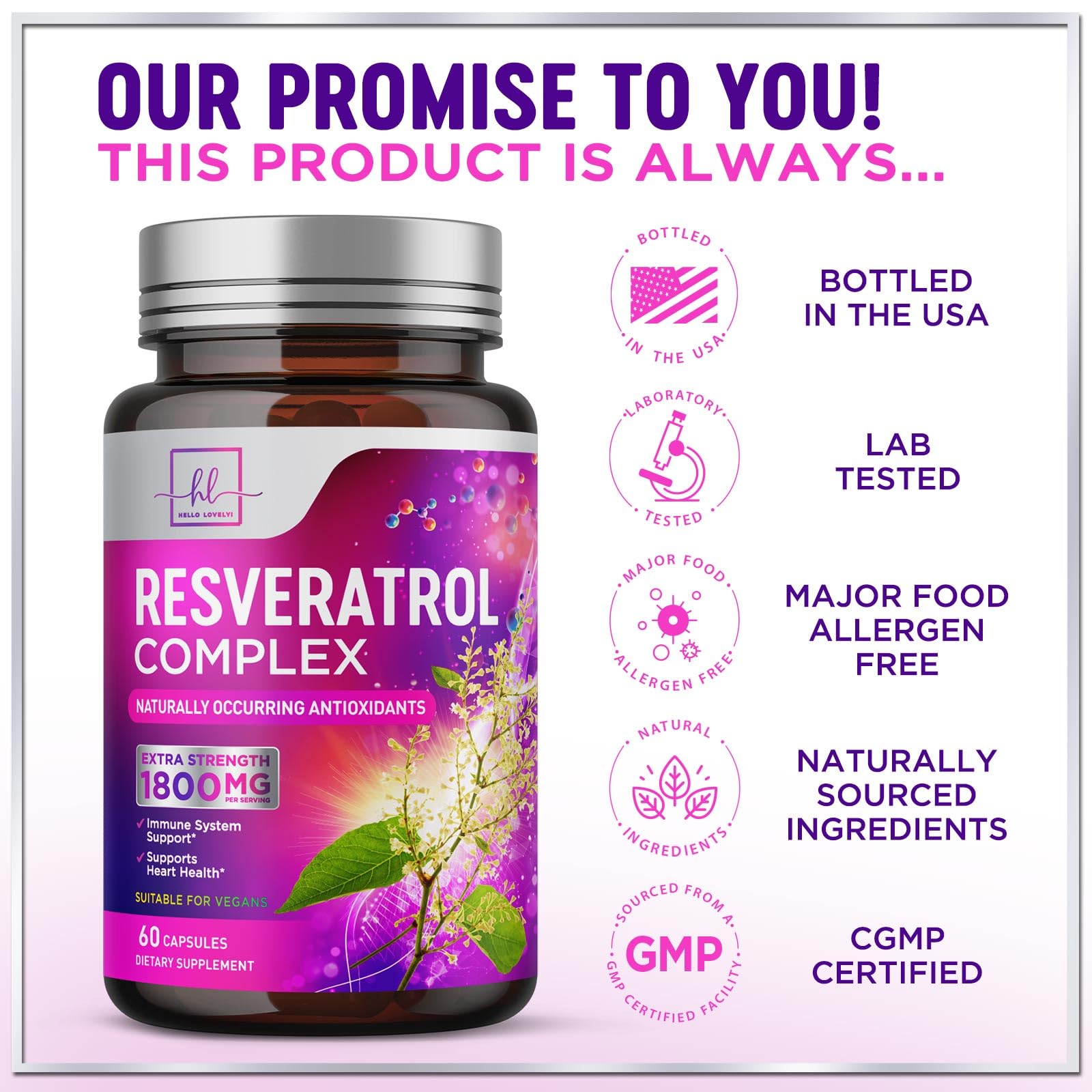 Resveratrol Blend 1800mg Supplement - Extra Strength Antioxidant Complex for Healthy Aging & Immune Support, Natural Heart Health & Energy Support, Bioavailable Trans-Resveratrol - 60 Capsules — Amazon image 4