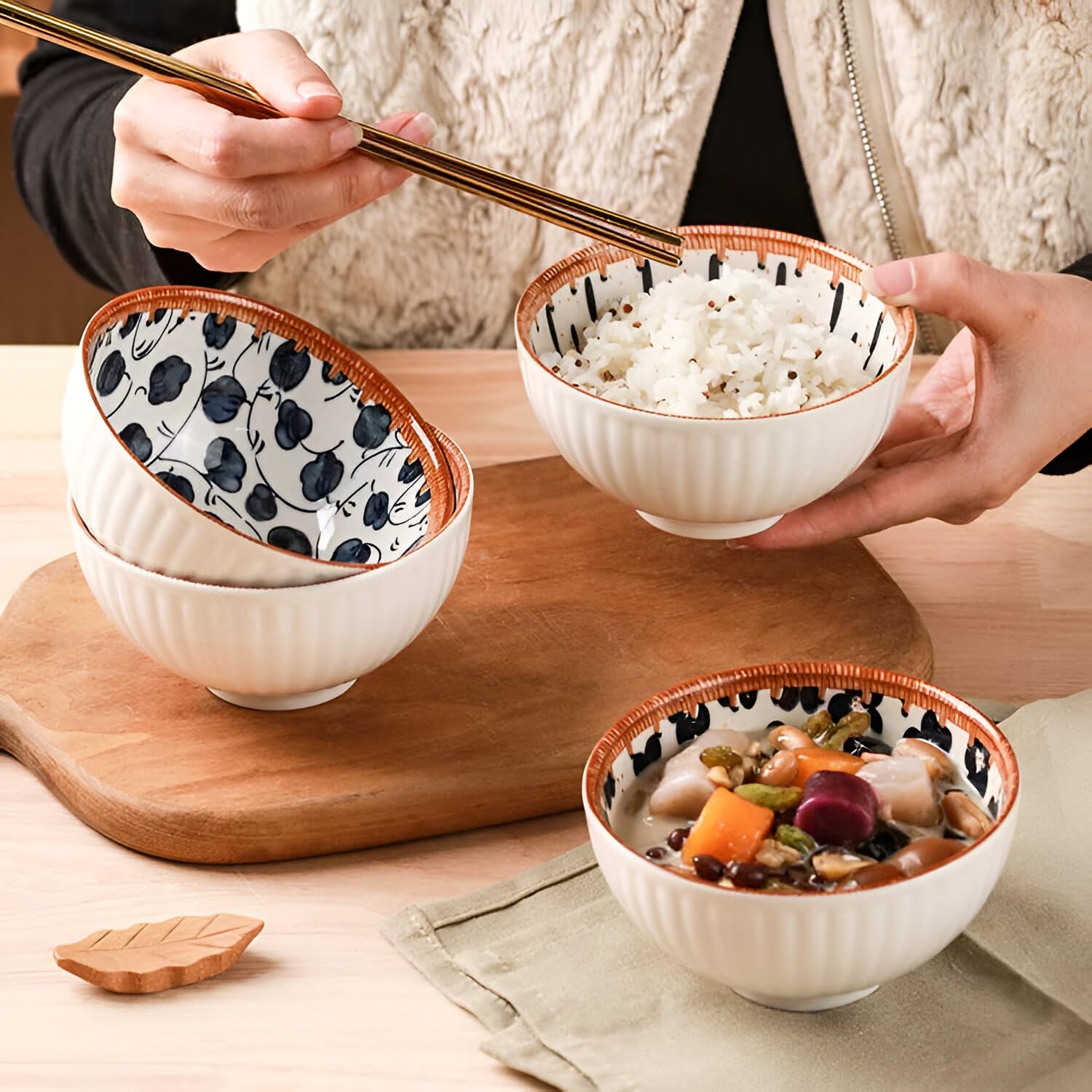 Amillee Ceramic Rice Bowls 10oz - Japanese Style Bowl Gift Set with Assorted Flower Patterns, for Cereal, Soup, Dessert, Snack, Noodles - Ice Cream Bowls with Gift Box (Bowl_I_4B+2P) 4