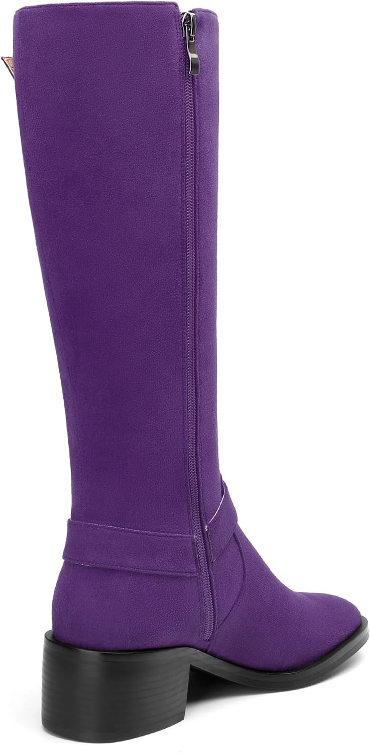 Women's Knee High Boots Buckle Fashion Side Zipper Knee High Bootie Round Toe Chunky Heel Solid Suede Knee High Boot
