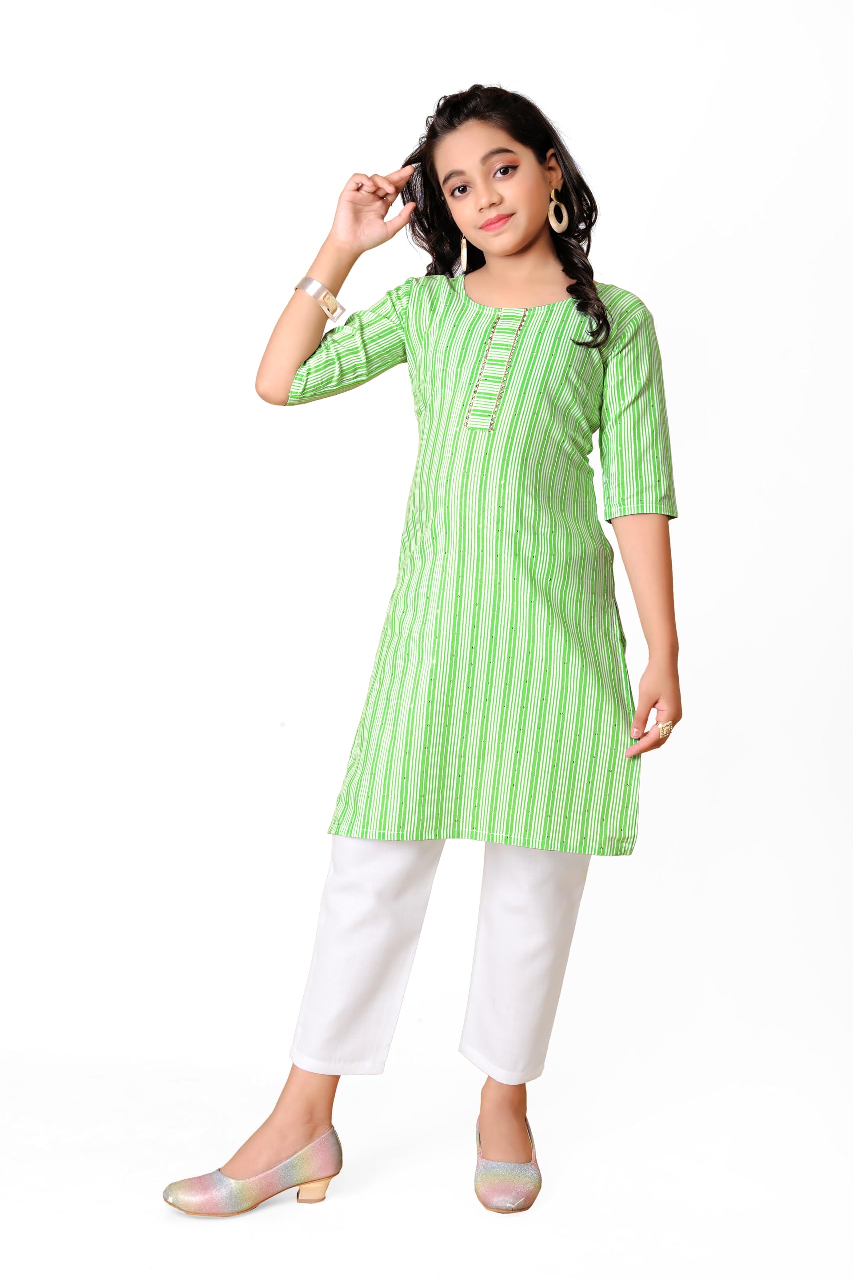 Girls' Printed Green Color Sequence Work, Cotton Kurti Kurta with 3/4 Sleeves-picture-25