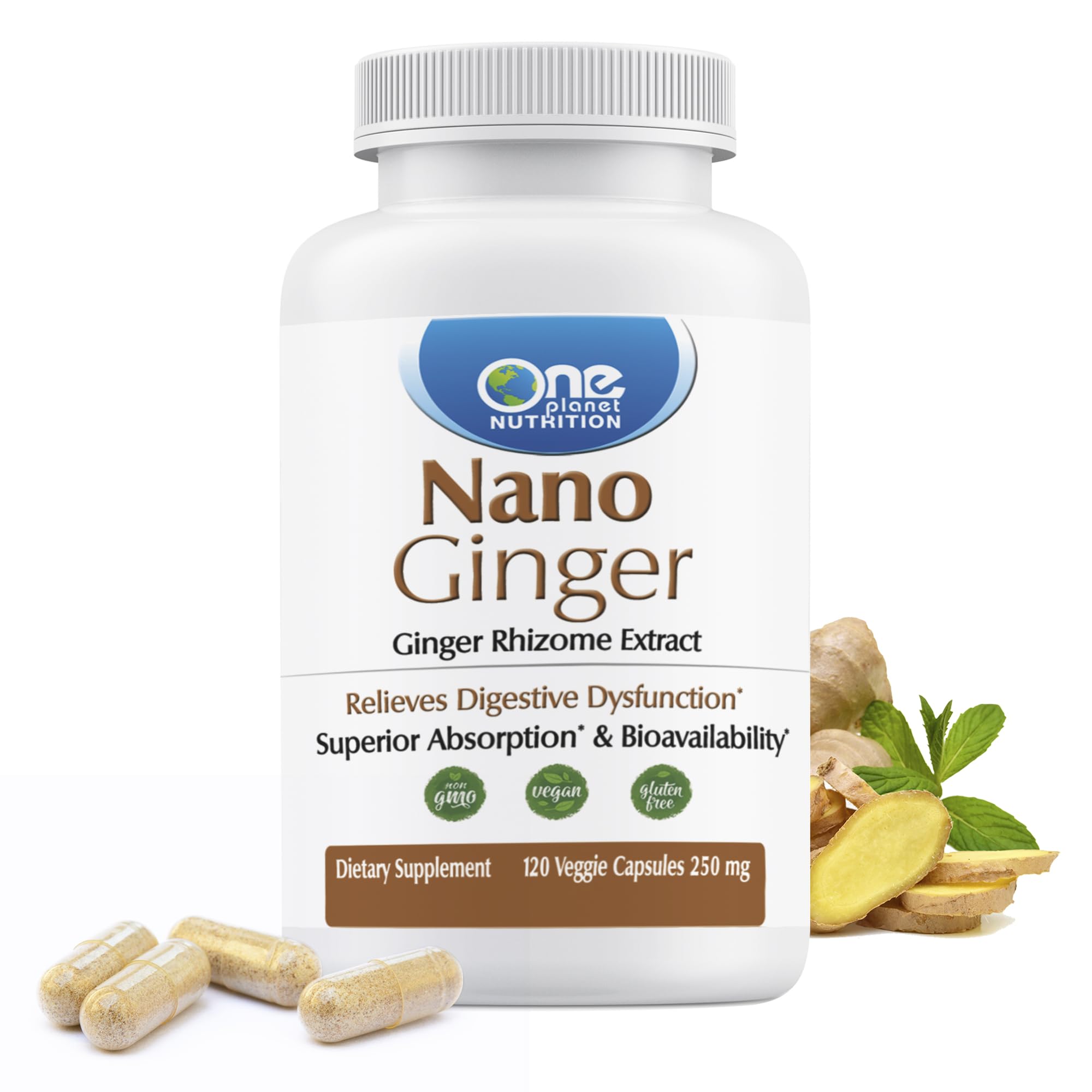 One Planet Nutrition Nano Ginger Root 250 mg Veggie Capsules (120 Servings), Pure Ginger Root Extract, Nano for Superior Absorption, Enhances Digestive Health, Non-GMO, Vegan Gluten Free