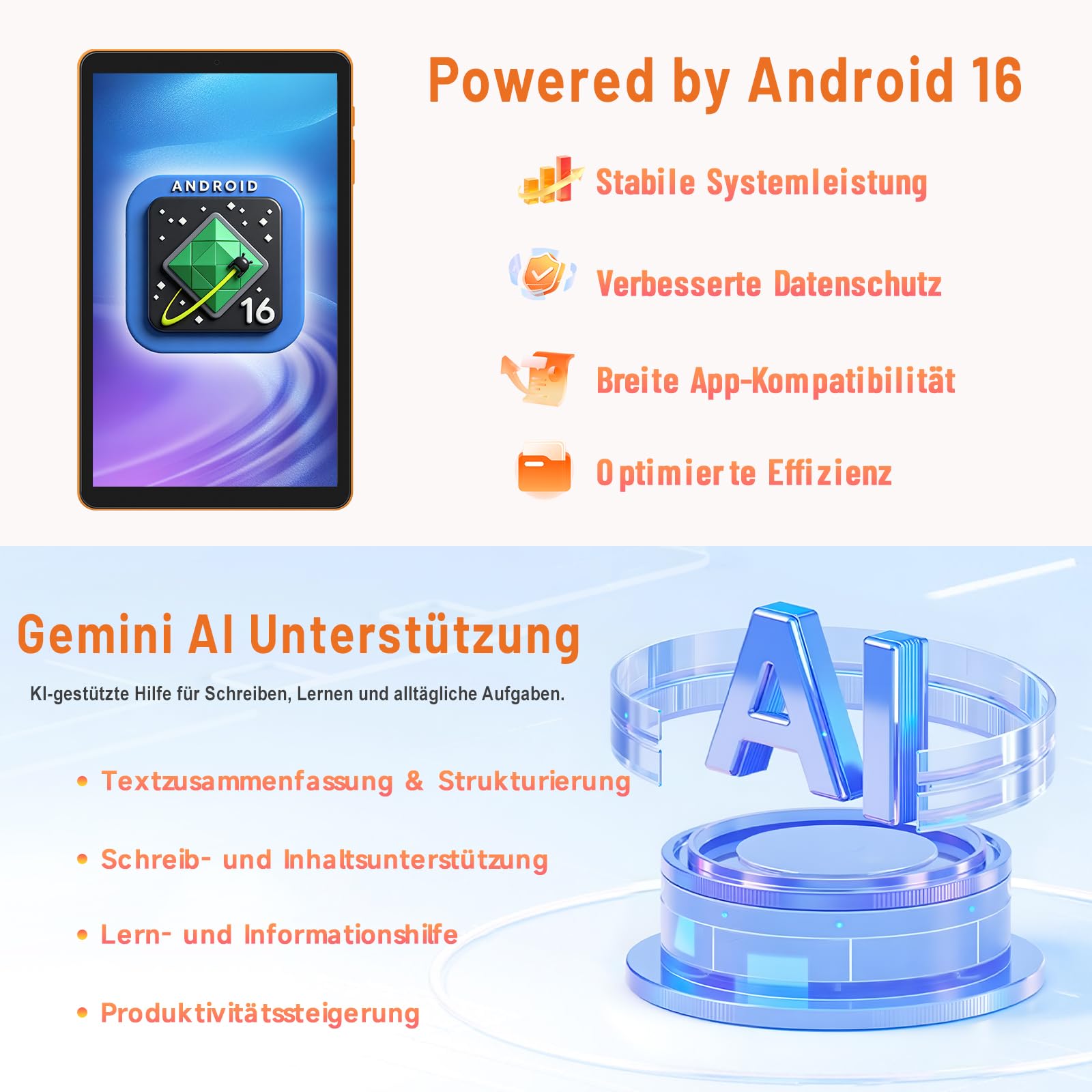 Android 16 Tablet 8,7 Zoll, 4G LTE Tablet mit SIM, WiFi 5, 16GB RAM + 64GB, bis 2TB, Widevine L1, Gemini AI, GPS, Face Unlock, 6000mAh Akku