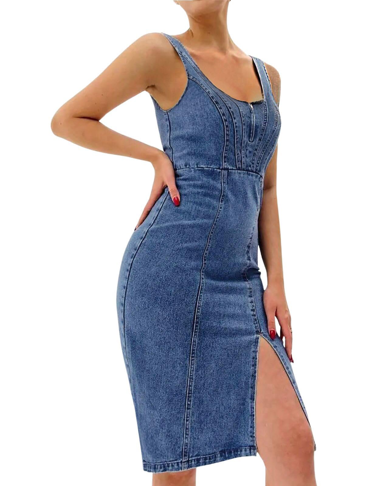 utcoco Abito in denim da donna senza maniche con spacco laterale aderente Midi Jean Abiti per le donne 2025