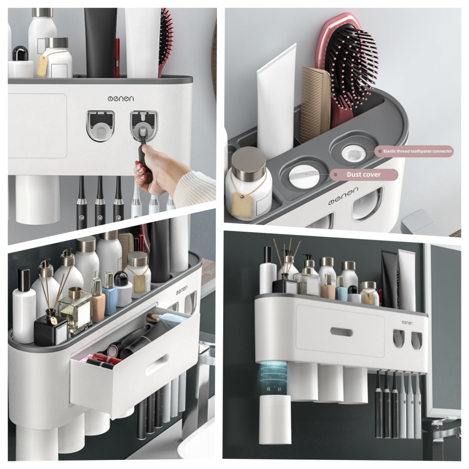 Soporte para cepillo de dientes montado en la pared sin taladro, estante de baño, con dispensadores automáticos de pasta de dientes, 6 ganchos para cepillo, tazas magnéticas, 1 organizador