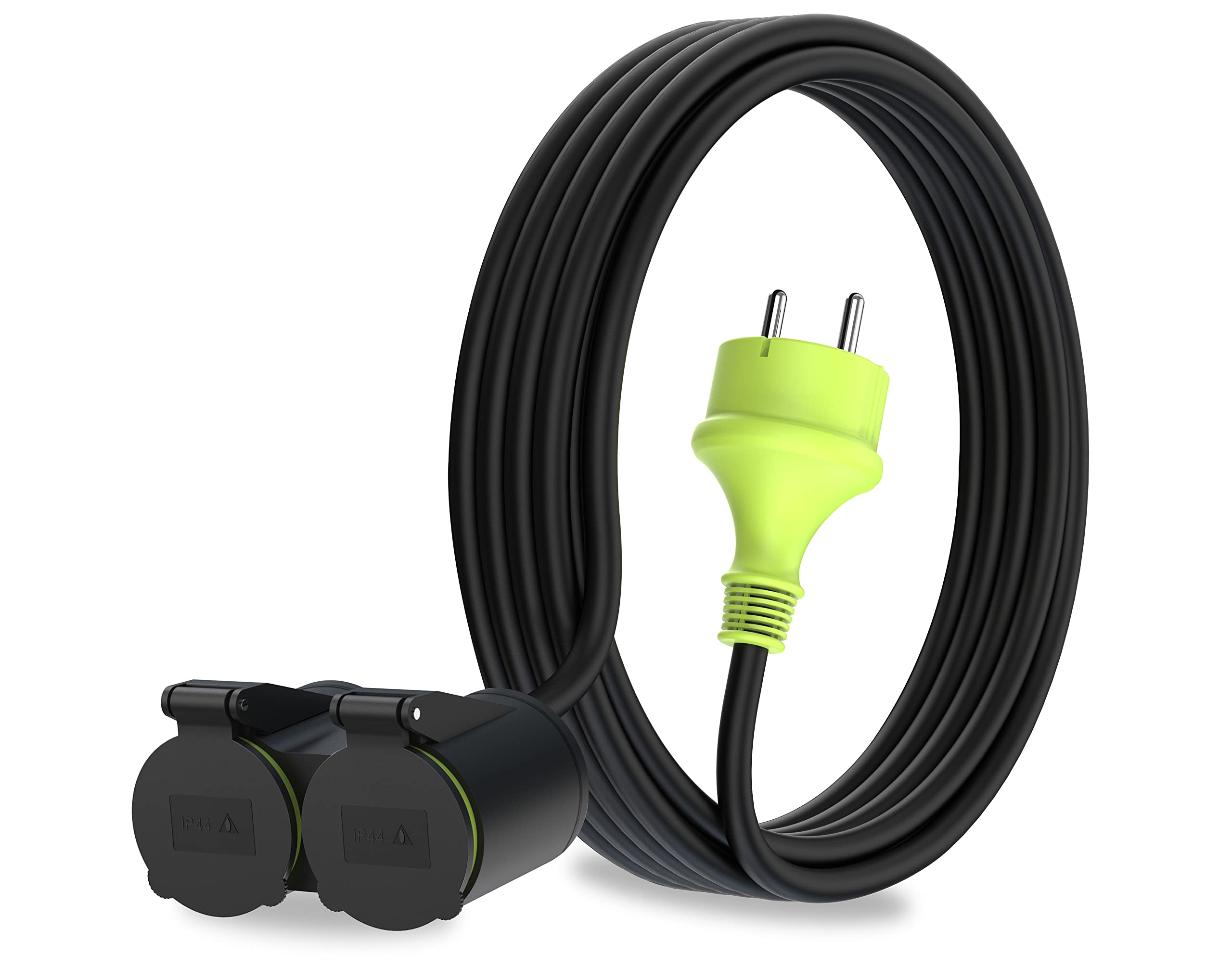 MutecPower 5m Cavo di prolunga con 2 prese Schuko per uso esterno IP44 H05RR-F3G 1,5mm² doppia prolunga con 2 prese con contatti di protezione cavo in gomma da esterno 5 metri nero/verde