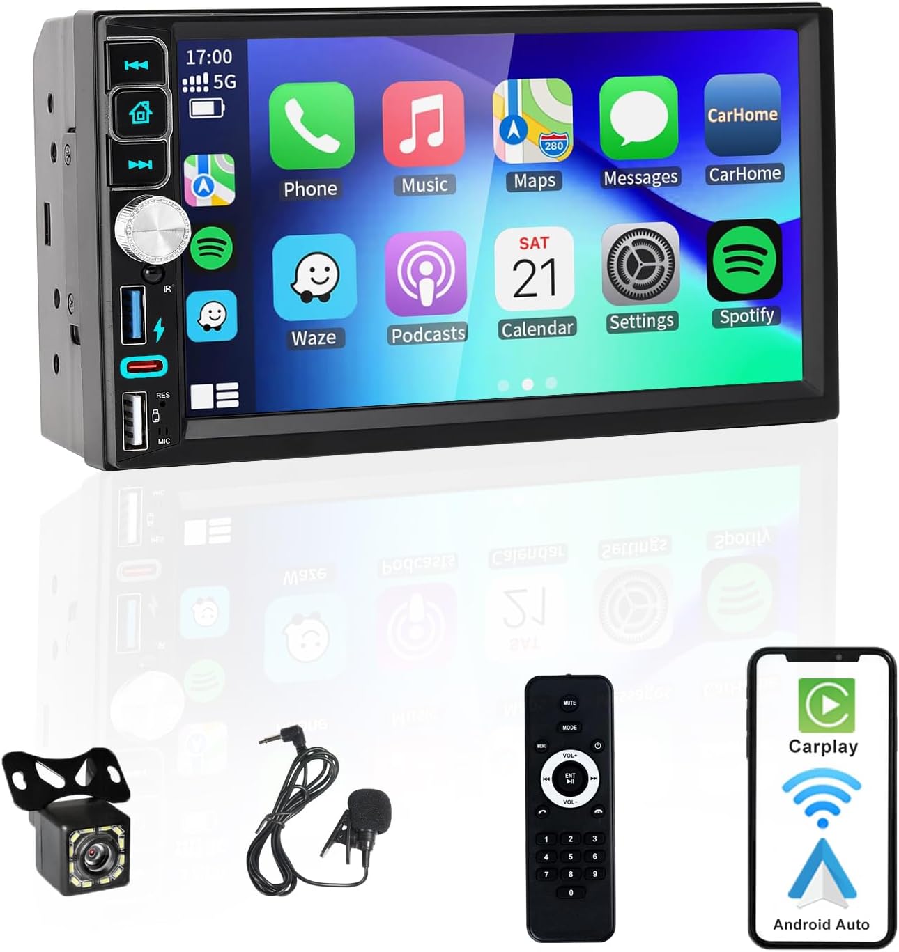 Double Din Car Stereo Bluetooth Compatible with [Wireless] Apple CarPlay/Android Auto 7“ Touchscreen AM/FM Radio Type-C USB (2.1A Fast Charge) Backup Camera