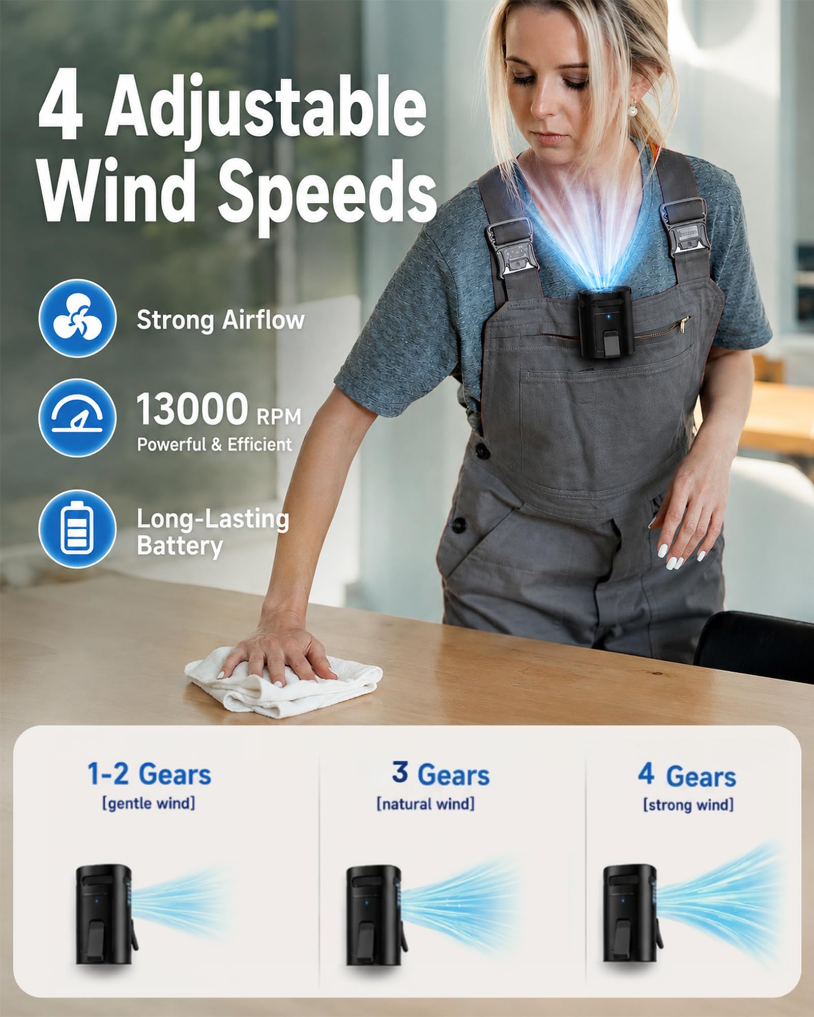 Ventilador de Cintura, Ultra Ligero Ventilador de Cinturón, Mini Ventilador Portátil con Clip & Cordón, Ventilador Manos Libres para Trabajo al Aire Libre, Senderismo, Ciclismo, Camping