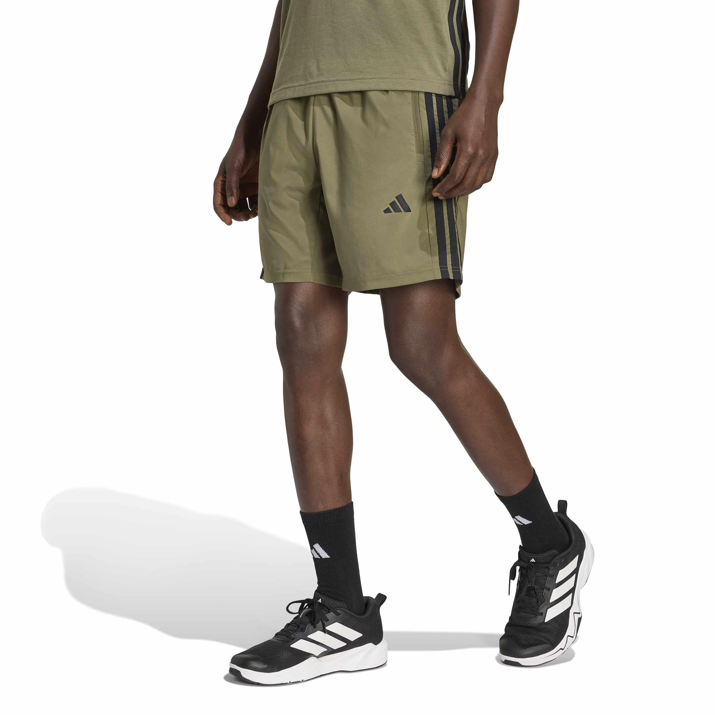 adidas Homme Workout Essentials Base 3 Stripes Woven Short Shorts, Olive strata/Black, XL 7 inch