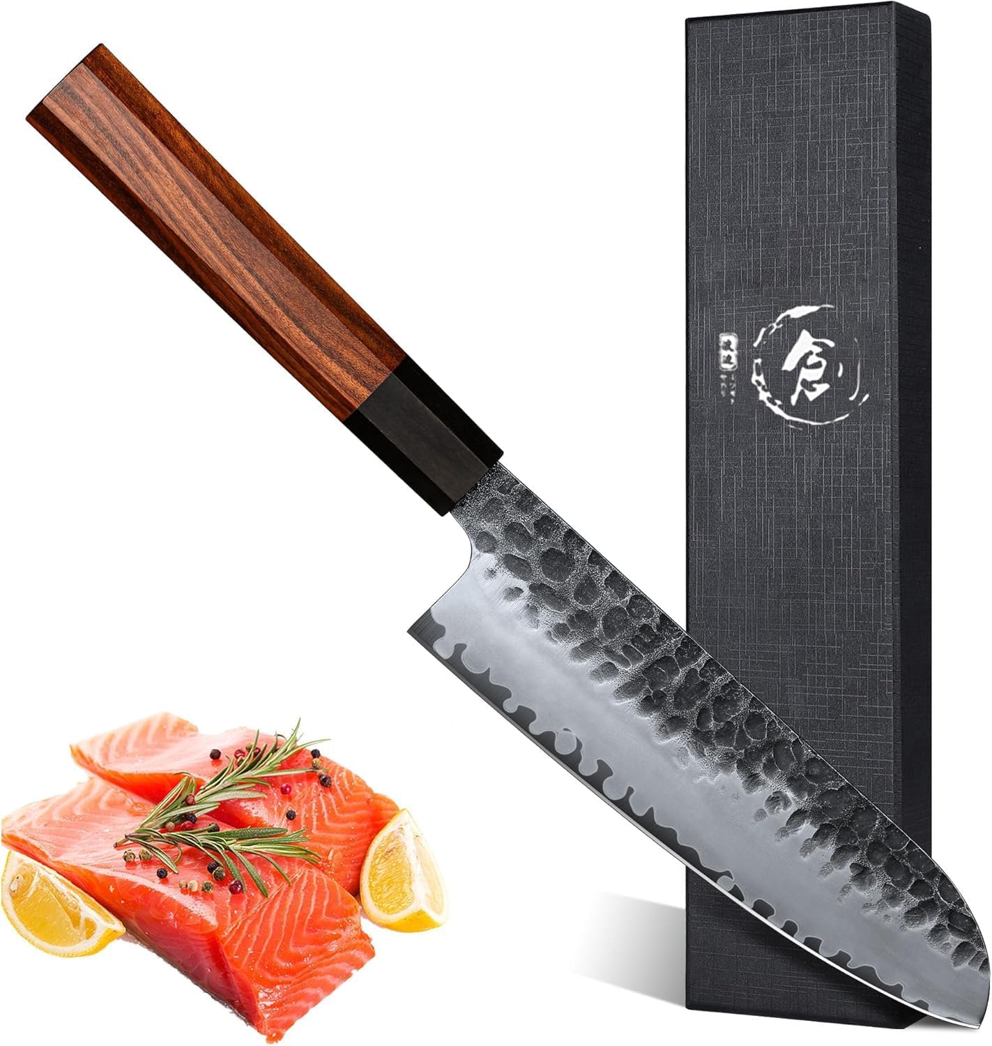 Dragon Creek Damaststahl Multifunktionales Küchenmesser mit Ergonomischem Holzgriff, Scharfes Kochmesser für Fleisch, Gemüse und Kräuter, Profi Allzweckmesser-F