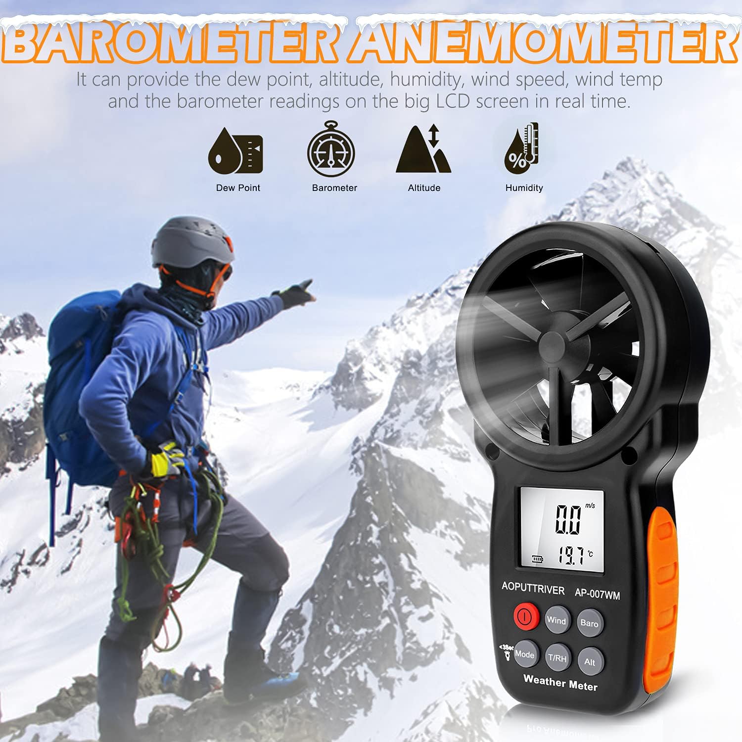 Digital Anemometer Barometer Pressure Gauge for Wind Speed ​​Temperature/Humidity/Dew Point/Wind Chill/Altimeter Barometer with Backlight MAX MIN AVG AP-007WM
