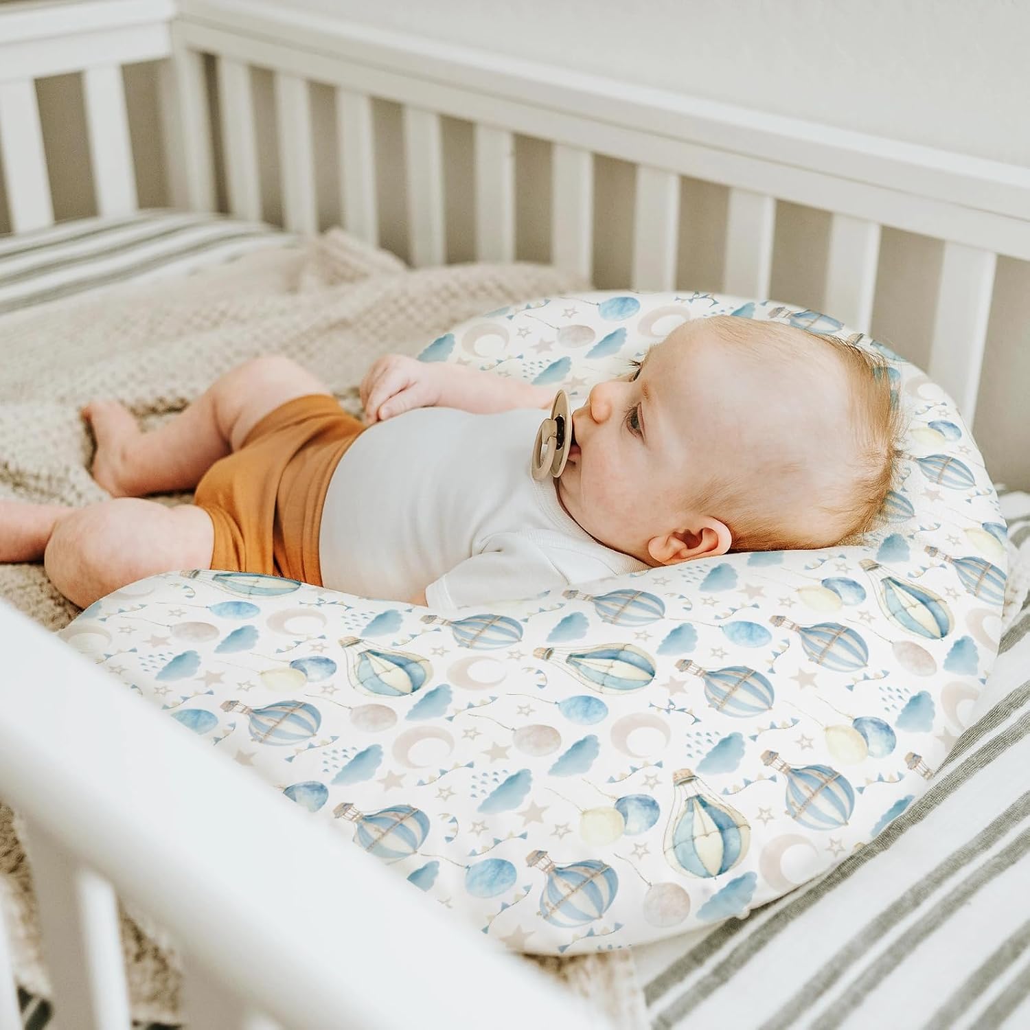 Neutral Blue Hot Air Balloons Baby Nursing Pillow Covers for Boy Girl Pastel Balloons Moon Star Clouds Nursery Pillowcase for Breastfeeding Pillows Boho Sky Soft Stretchy Slipcovers for Newborn Infant