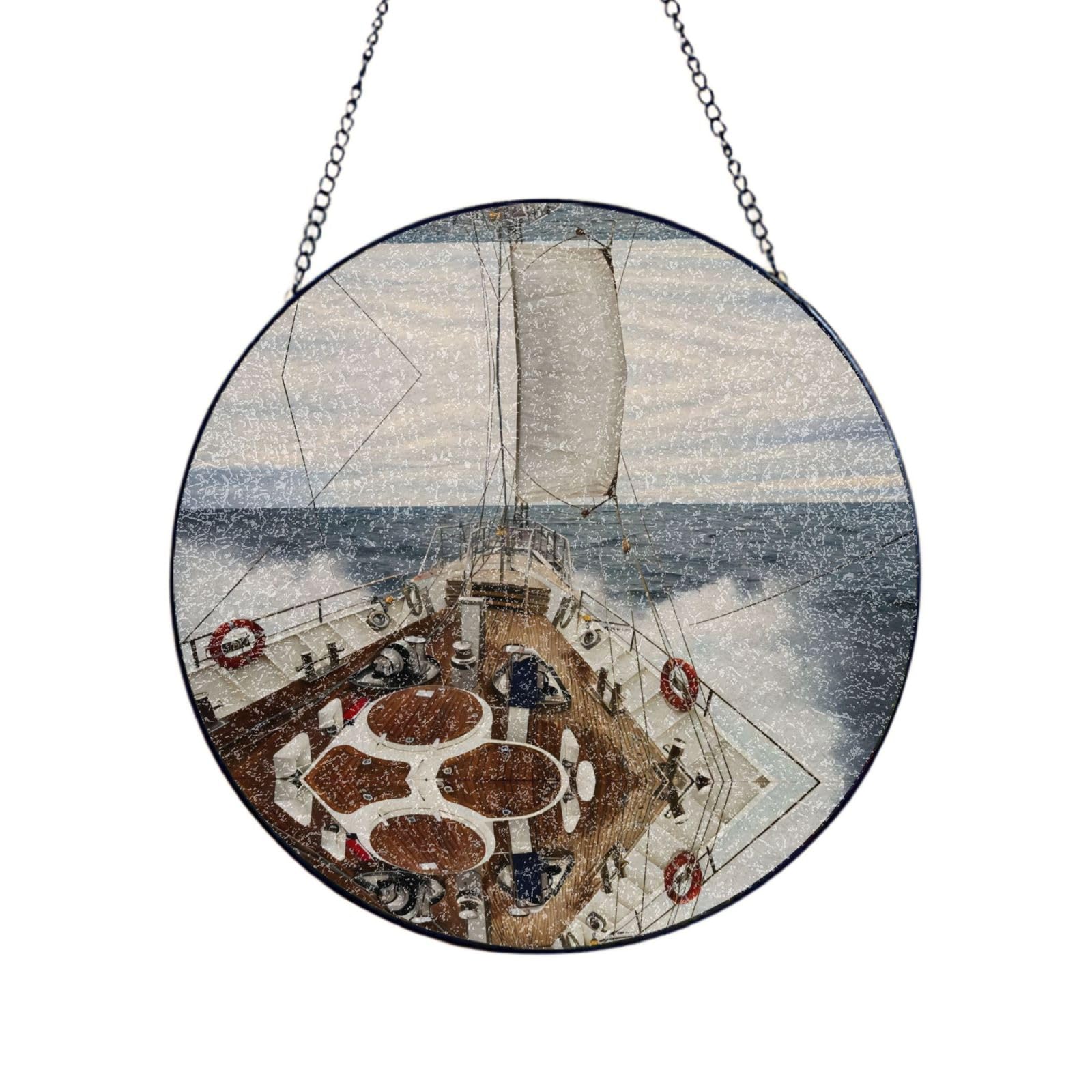 Poezjzw Stained Glass Window Hanging - Ocean Sailboat Sun Catcher For Door Garden Home Decor Christmas Mother'S Day Birthday Gifts 12in（30cm）