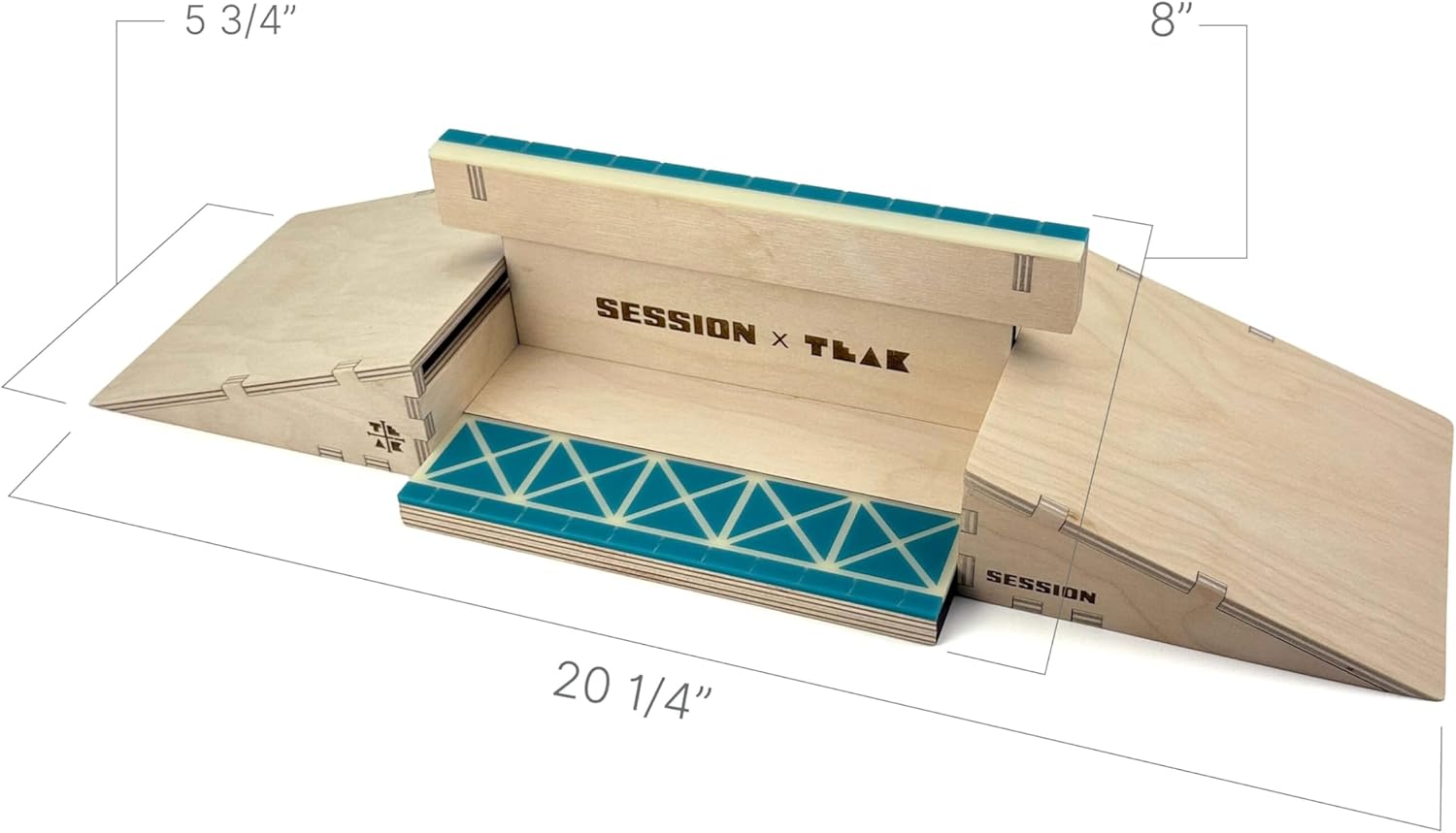 Teak Tuning x Session “The Junction” Modular Wooden Fingerboard Ramp - 20 Inches Long - 2 Plain Kickers + Triple-Sided Rail/Ledge Block – Hand Made in USA - Fingerboard Obstacle