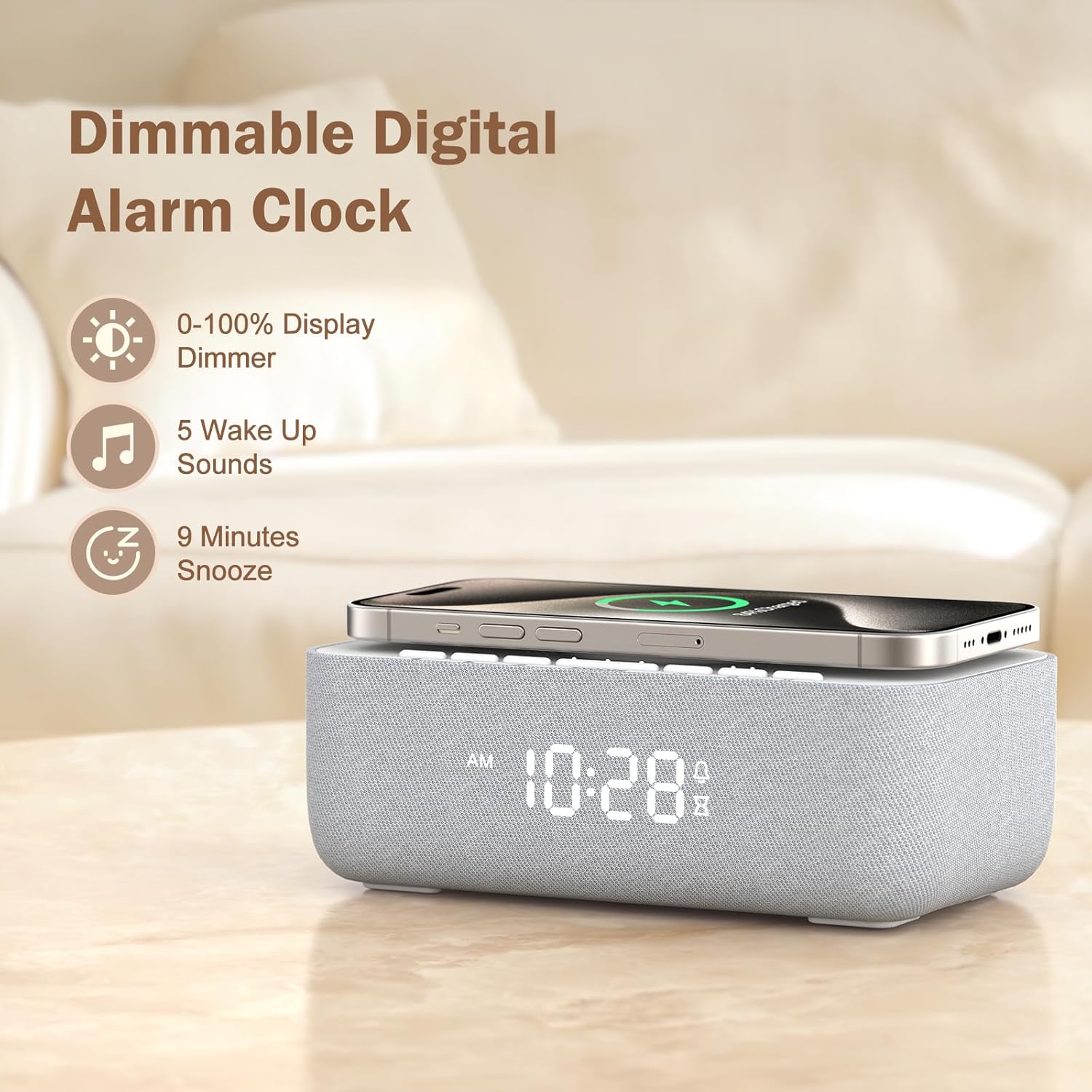 REACHER alarm clock displaying time with a phone on its charging pad