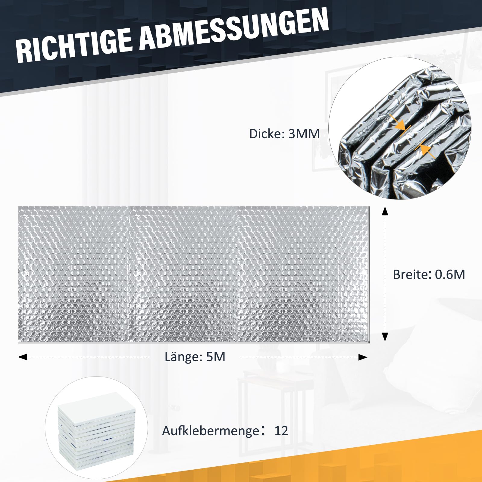 Lámina reflectora de radiador para el hogar 5 m x 60 cm, lámina de radiador de aislamiento reflectante de calor de 3 mm de espesor con almohadilla adhesiva, lámina de burbuja para radiador