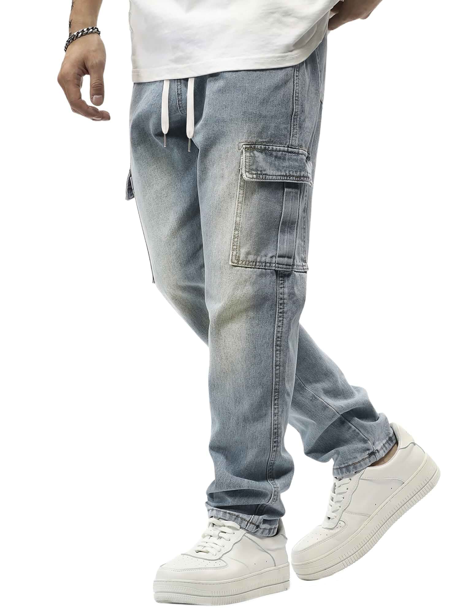 JMIERR Men's Elastic Waist Cargo Jeans Stretch Denim Pants with Drawstring Straight Leg for Casual Daily Wear Jeans · Regular