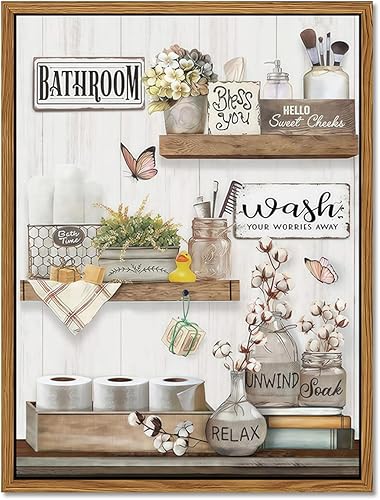 Miniatura 13 de Arte de pared para baño estilo granja, cuadros rústicos de algodón Relax Soak Unwind, pinturas de decoración de pared, pósteres de lienzo de flores
