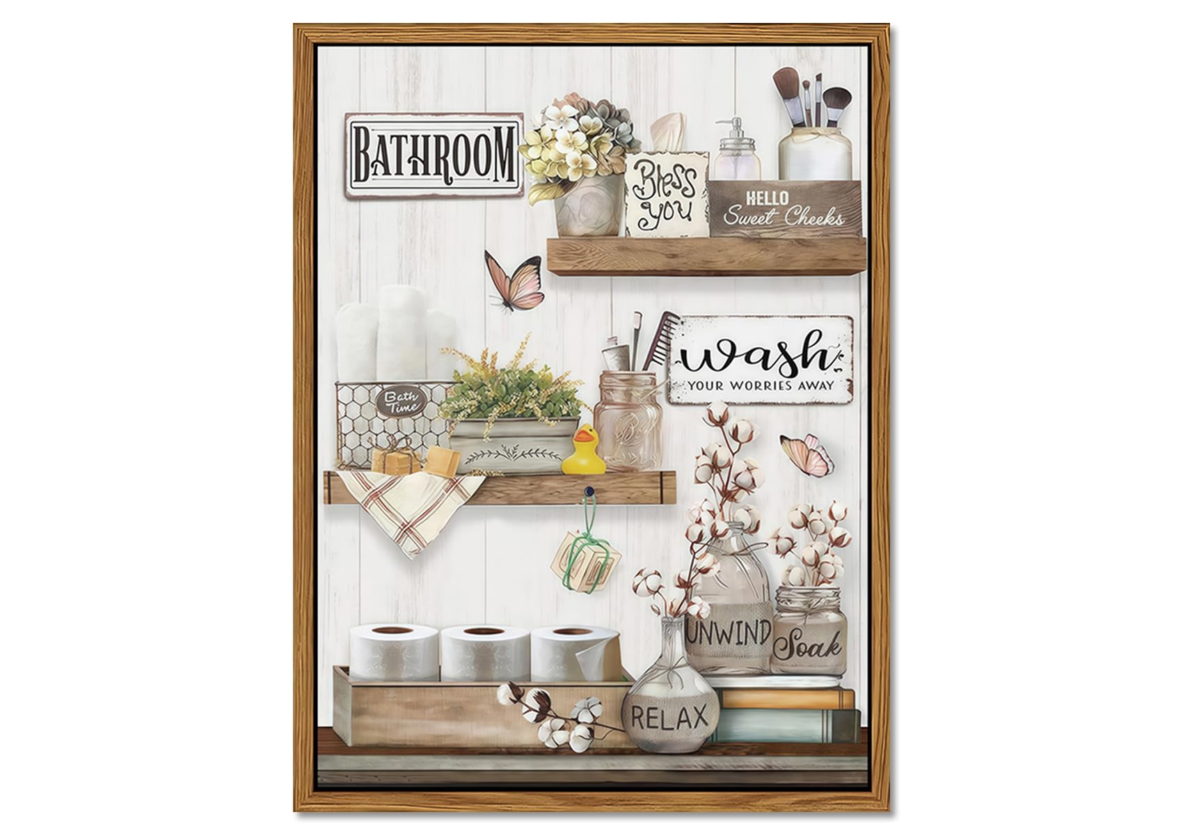 Floating Framed Farmhouse Bathroom Wall Art, Rustic Cotton Relax Soak Unwind Pictures Wall Decor Paintings, Vintage Flower Canvas Posters Prints