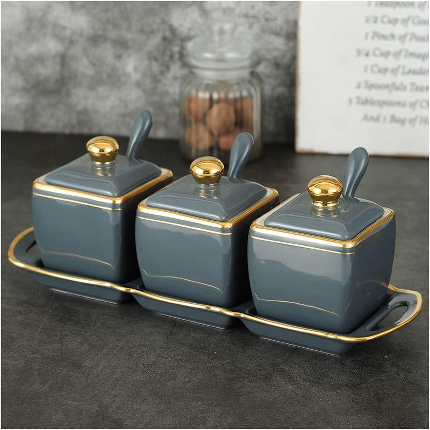 Condiment Jars Ceramic Condiment Pots， Ceramic Sugar Bowls， Spice Jars Containers with Ceramic Lids， Trays and Ceramic Spoon for Kitchen Set of 3 Condiment，Khaki
