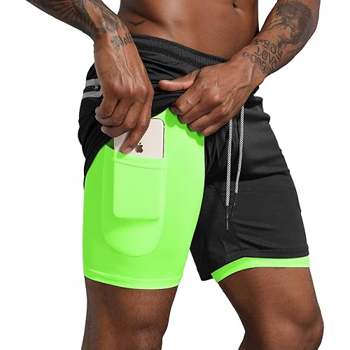 Leidowei Men's 2 in 1 Workout Running Shorts Lightweight Training Yoga Gym 7" Short with Zipper Pockets