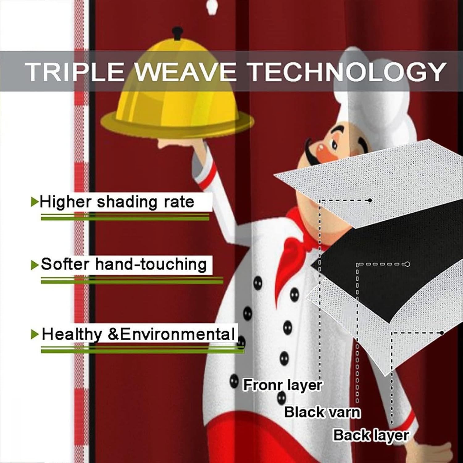 Kitchen Chef Tier Curtains, Cute Cartoon Chef Gourmet Knife Fork Red Black Check Plaid Rod Pocket for Bedroom Living Room Studio Dorm Curtain Window Curtain 2 Panels 42x45 Inch