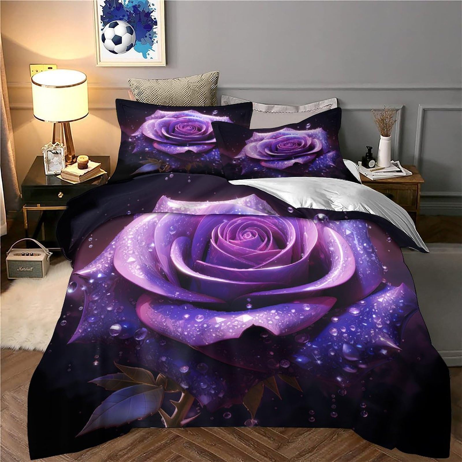Purple Rosa Set Di Copripiumino 3 Pezzi microfibra traspirante stampa di 3D con federa Fantasia Digital Set Di Copripiumino cerniera soffice ariosa for coppie King（220x240cm）