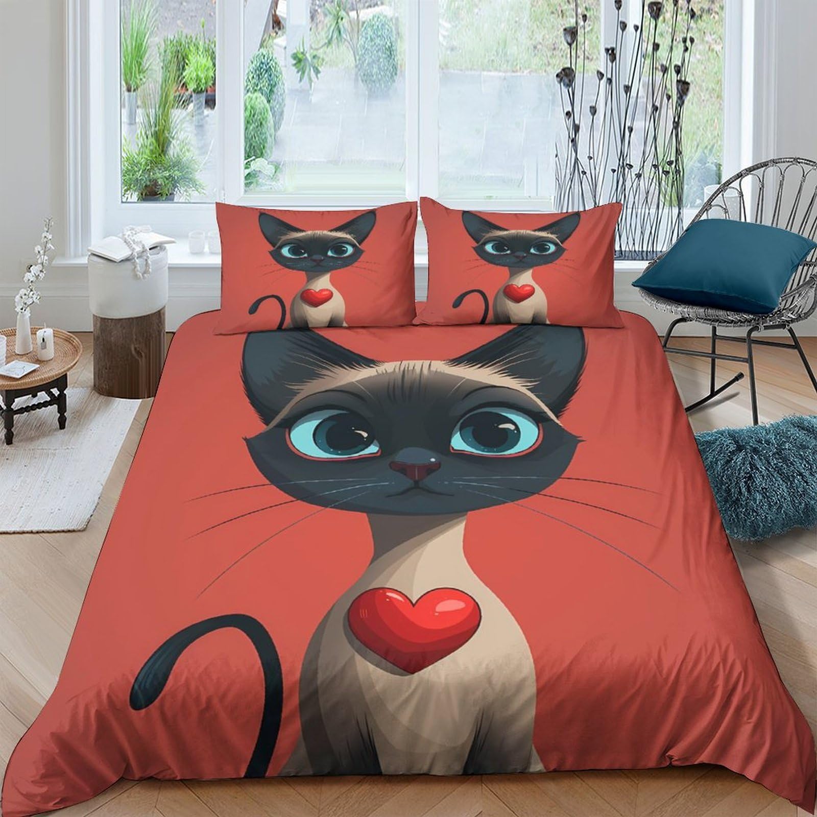 Ctjqhvkz Style-2 3D Printed Cute Siamese Cat Fitted Sheet Microfiber Red Heart Cartoon Bed Cover For Bedroom Dorm Mattress Decor Single（135X200cm）