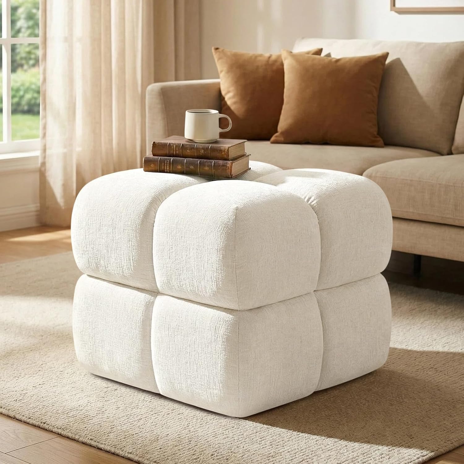 20" W Ottoman Foot Rest with Storage, Large Square Pouf Foot Stools Ottoman Lift-top Plush Upholstered Vanity Stool Coffee Table Seat for Living Room Bedroom Entryway, White