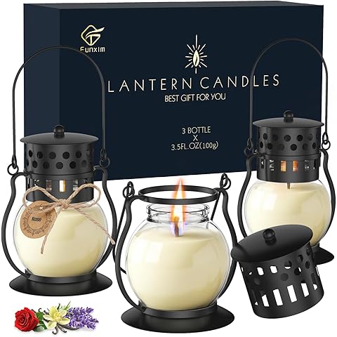 Scented Candles Gift Set - 3 Pack Candles for Home Scented Retro Lantern, Fall Candle Set Perfect for Women, Birthday, Yoga, Weddings, Christmas - Soy Wax Candle Vanilla, Rose, Lavender