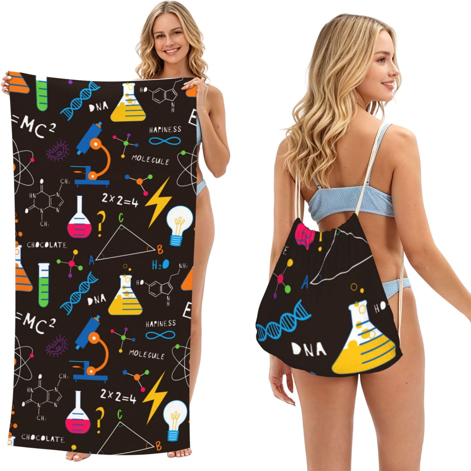 Poadnly As Picture Science Chemicals Flasks, 2 In 1 Packable Towel Bag, Beach Towels With Drawstring Backpack For Travel Holiday Camping