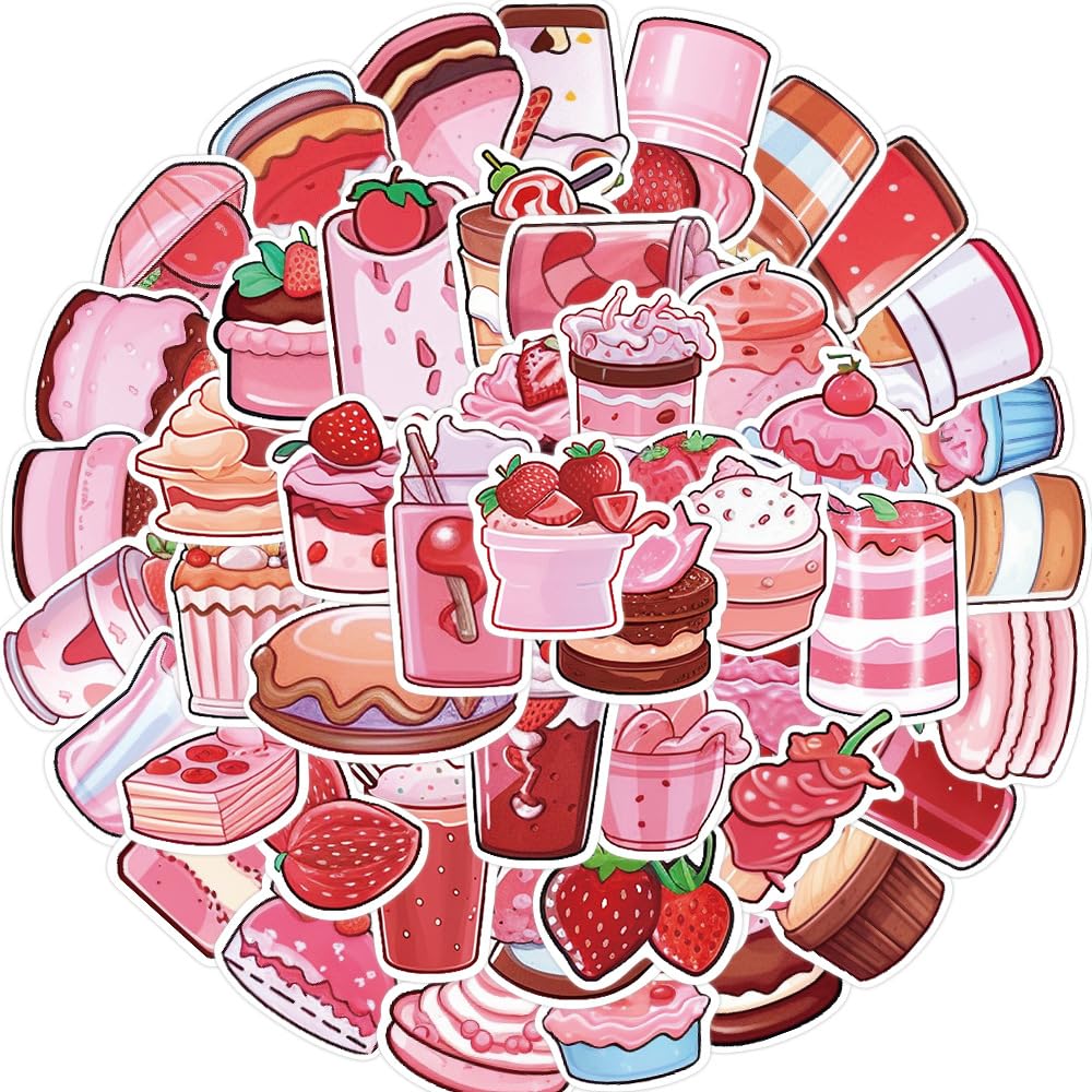 50Pcs Pink Dessert Stickers Laptop Car Scrapbook Phone Skateboard Suitcase Luggage Bike Sweet Stickers Vinyl Waterproof Aesthetic Personalised Stickers for Teens Boys Girls Adults Children