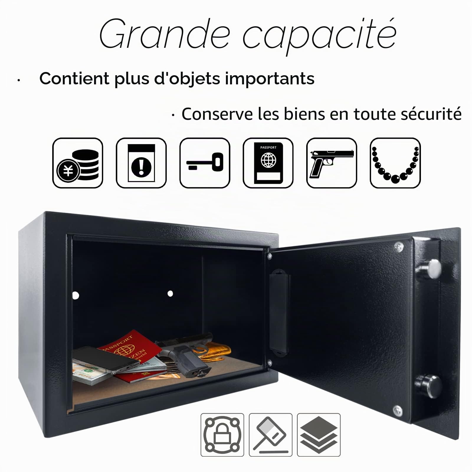 NAIZY Mini Coffre-Fort 12L Domestique Résistant Au Feu Et À L'eau, Électrique Avec Éclairage Intérieur, Boîte À Piles, Clé De Sécurité Et Fonctions D'alarme, En Acier, Noir+Argent