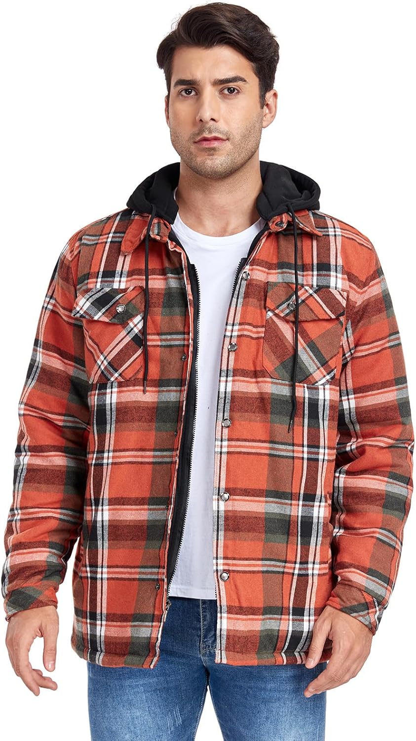 CHEXPEL Flannel Jackets for Men Long Sleeve Plaid Shirt Jacket Quilt Lined Hooded with Button Down Winter Coat - Image 2