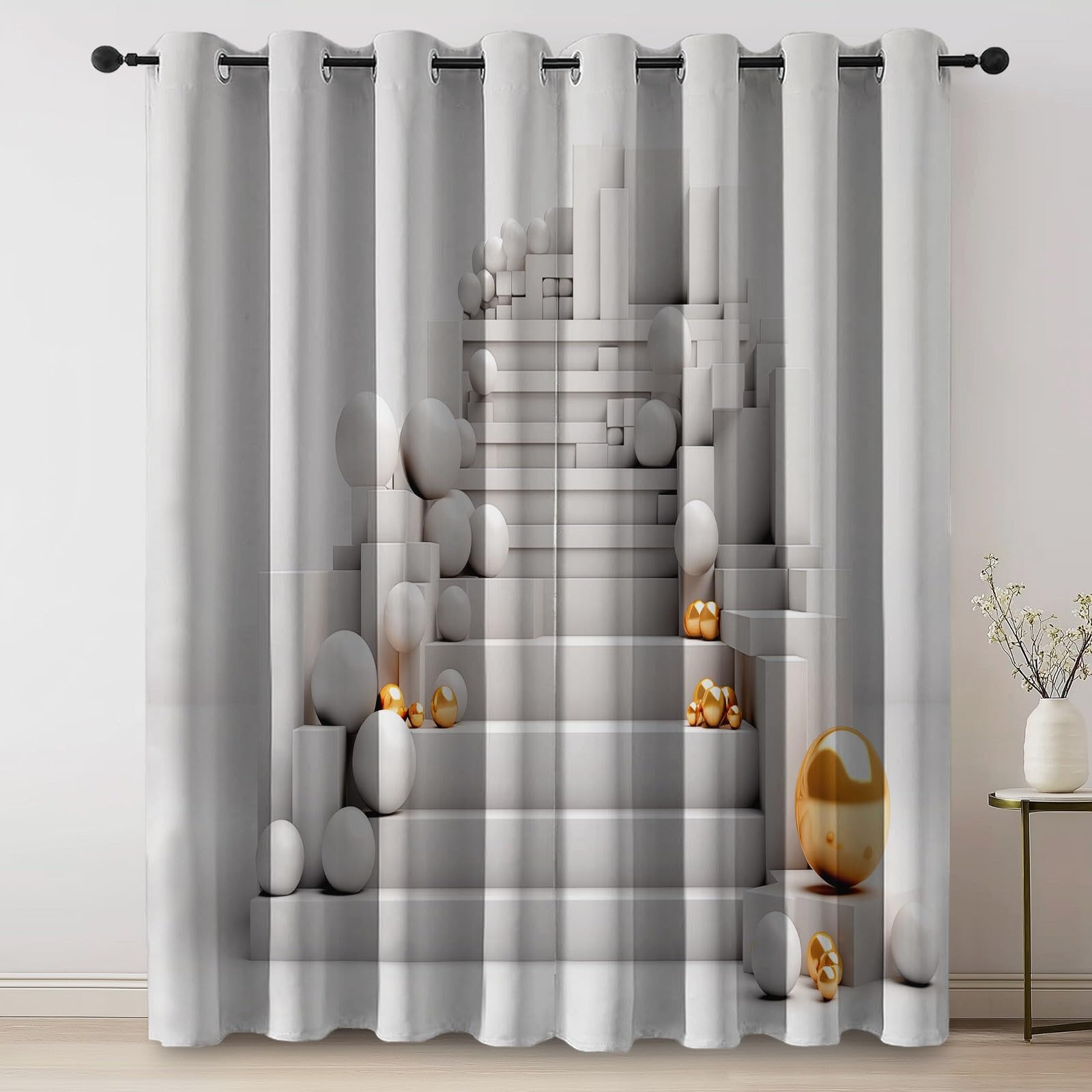 Rideaux à Oeillets 70L X 240H cm (2 Panneaux), Imprimé Sphères Géométriques Modernes, Isolant Opaque pour Porte-Fenêtre et Balcon, Blanc
