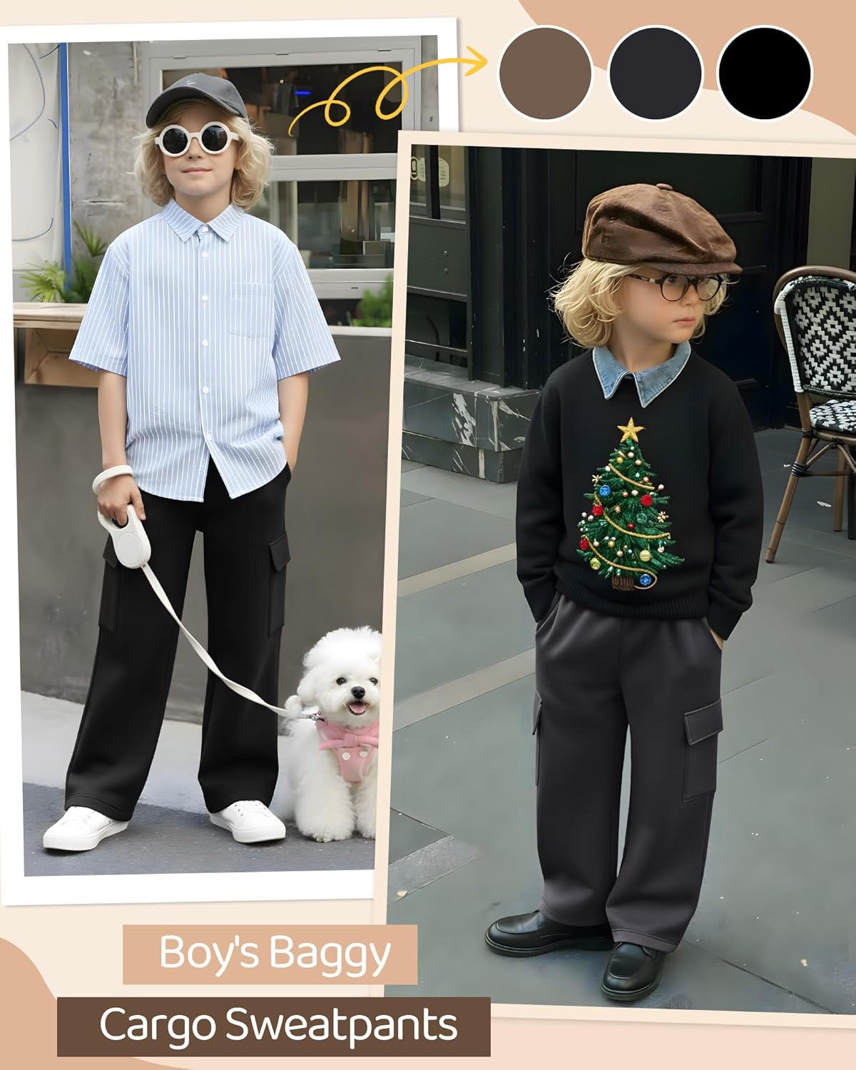 3 Pack Boys' Cargo Pants Wide Leg Baggy Sweatpants Kids Open Bottom Elastic Waist Joggers with 4 Pockets 5-14 Years