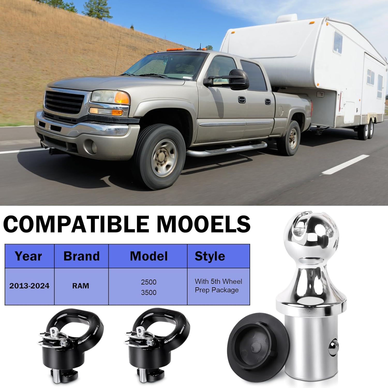 Gooseneck Hitch Ball Kit - 60618 Puck System with 2-5/16-Inch Ball and 2 Gooseneck Safety Chain Anchors Fits for 2013-2024 Dodge RAM 2500 3500 Trucks, 38000 lbs GTW